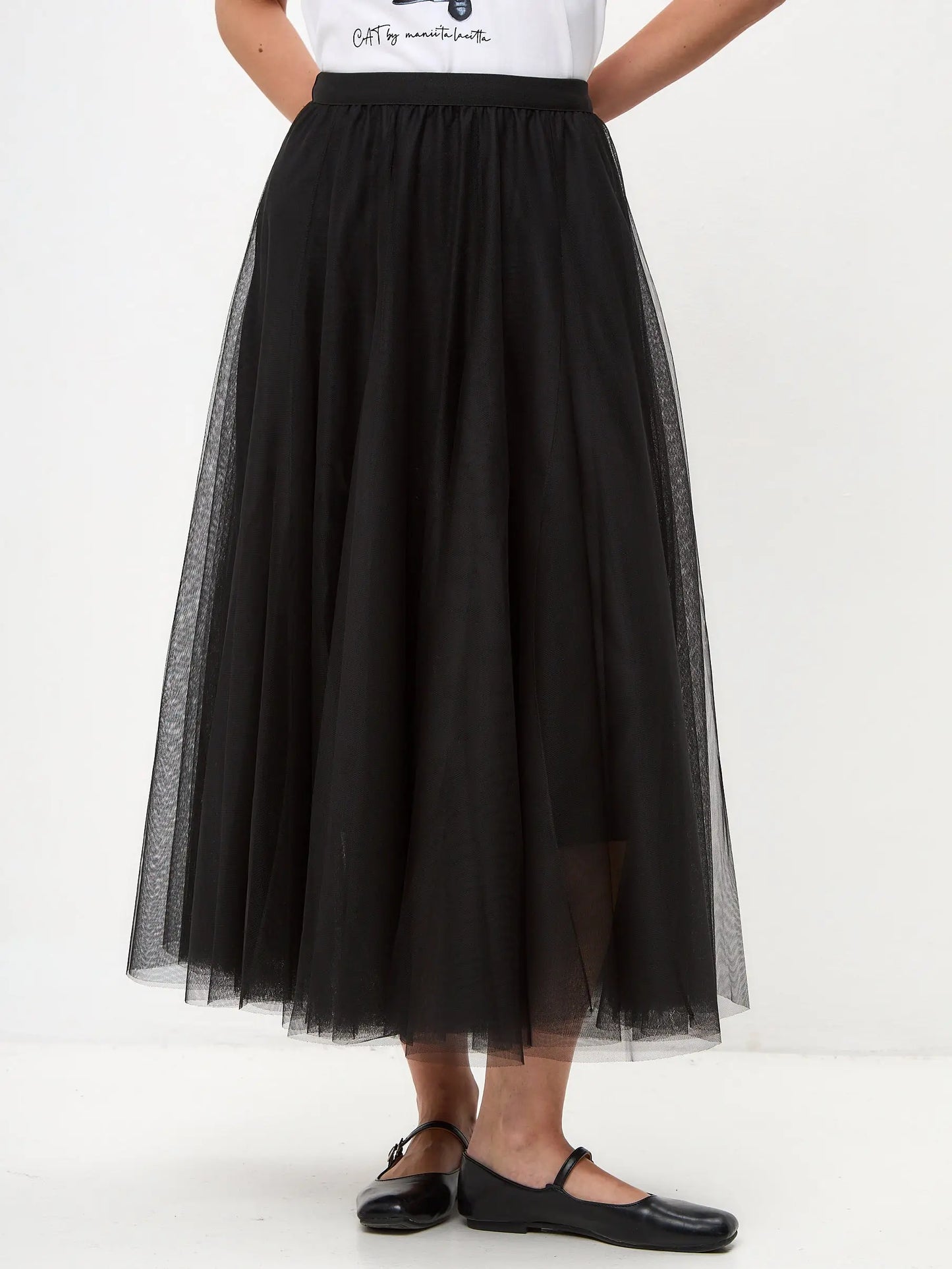 Basic set: women’s white t-shirt with a dandy cat and black tulle maxi skirt - Funny Cat | For Cat Lovers | CAT