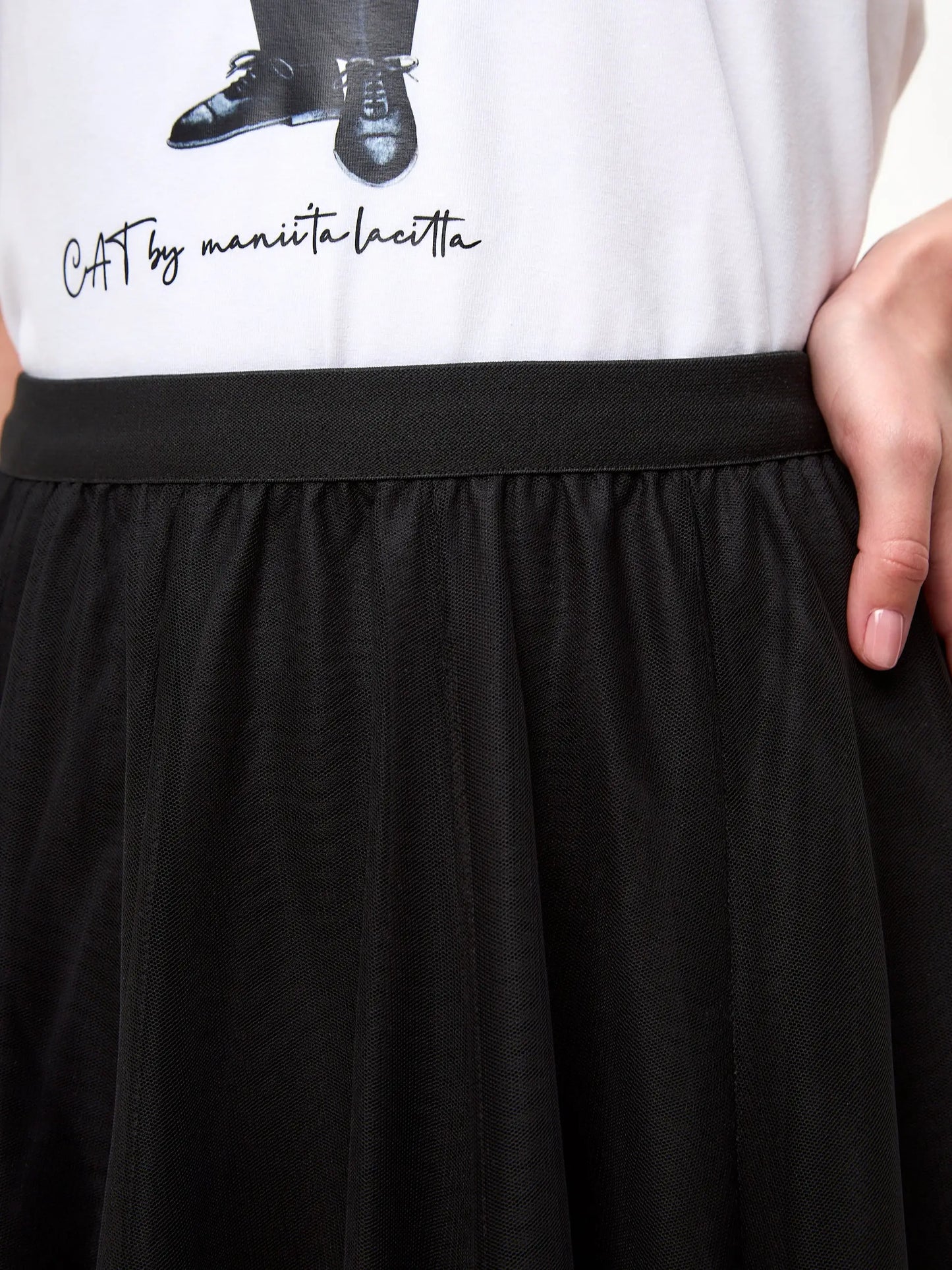 Basic set: women’s white t-shirt with a dandy cat and black tulle maxi skirt - Funny Cat | For Cat Lovers | CAT