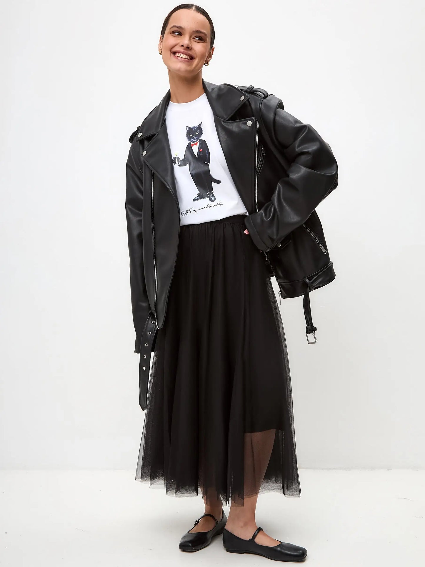 Basic set: women’s white t-shirt with a dandy cat and black tulle maxi skirt - Funny Cat | For Cat Lovers | CAT