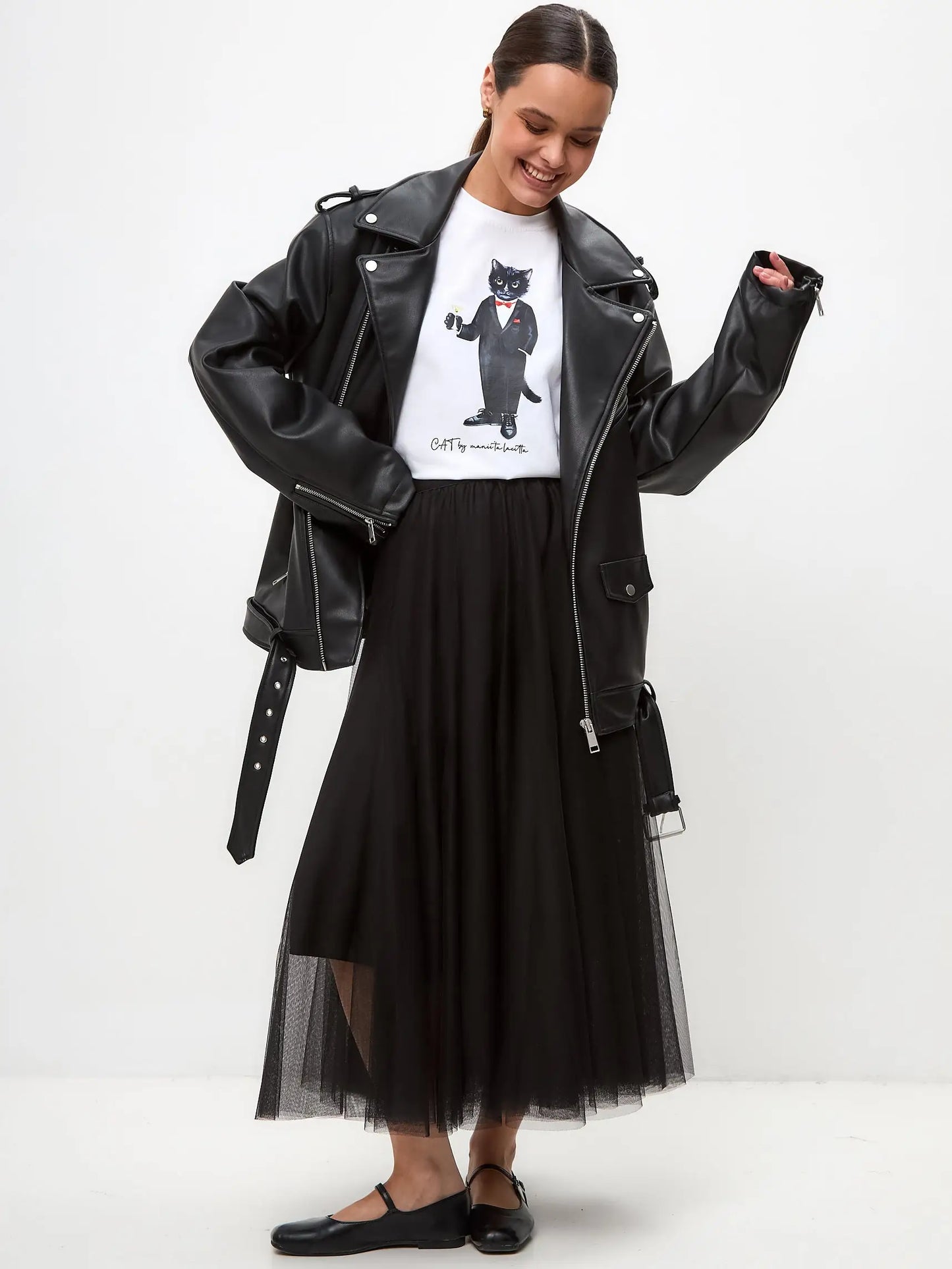 Basic set: women’s white t-shirt with a dandy cat and black tulle maxi skirt - Funny Cat | For Cat Lovers | CAT