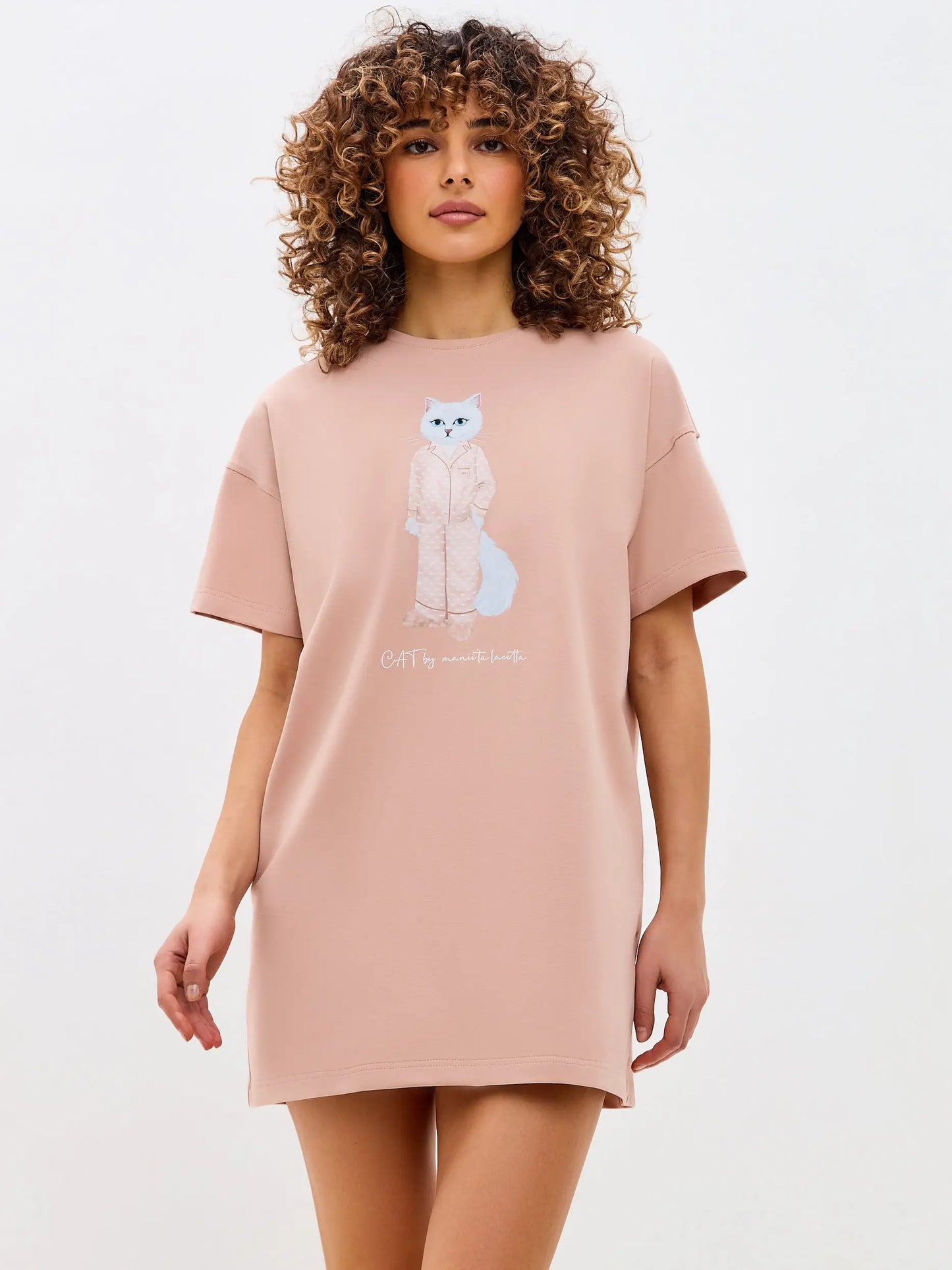 Beige Printed oversized T-shirt PAJAMAS CAT - Loungewear