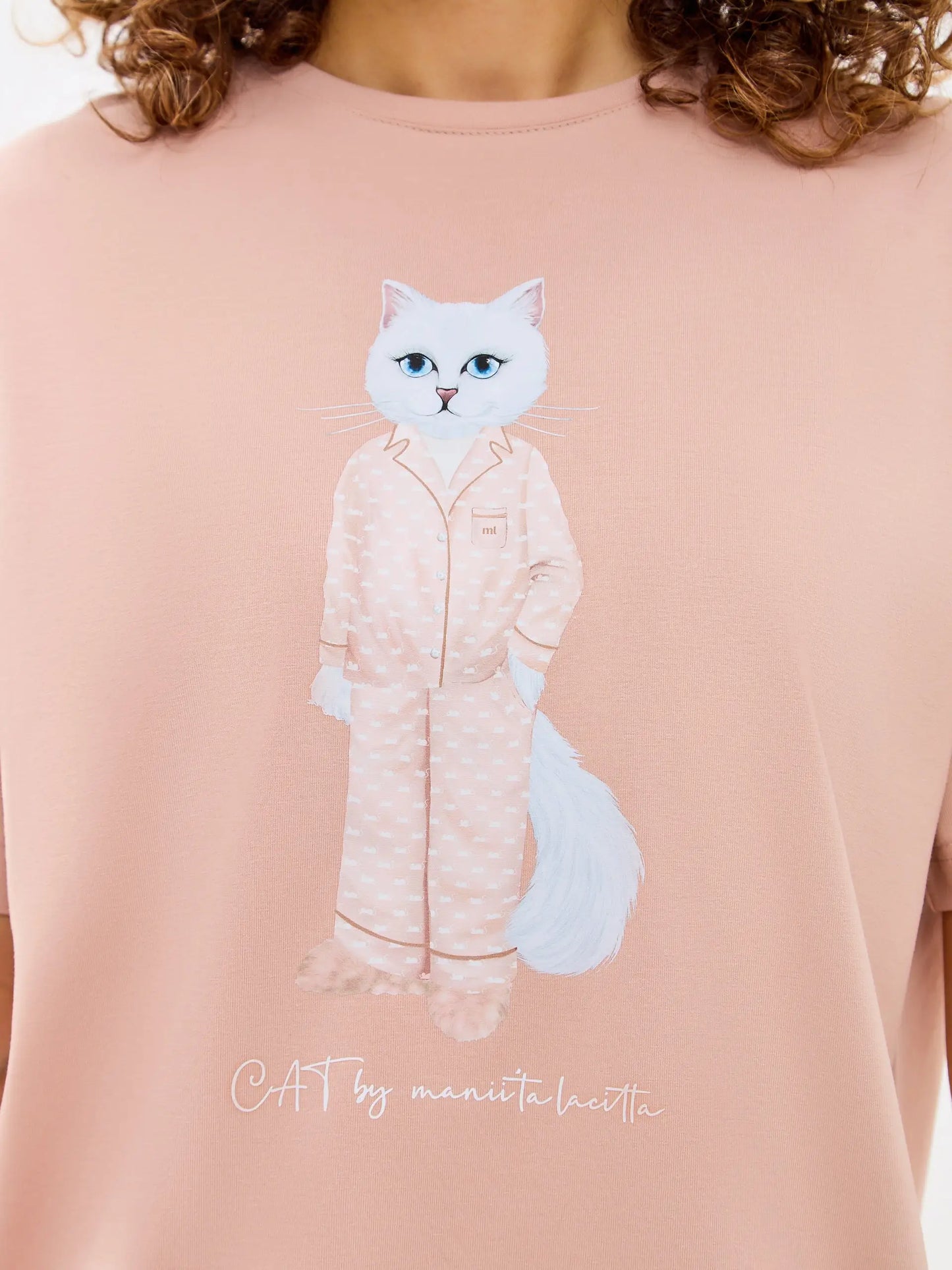 Beige Printed oversized T-shirt PAJAMAS CAT - Loungewear
