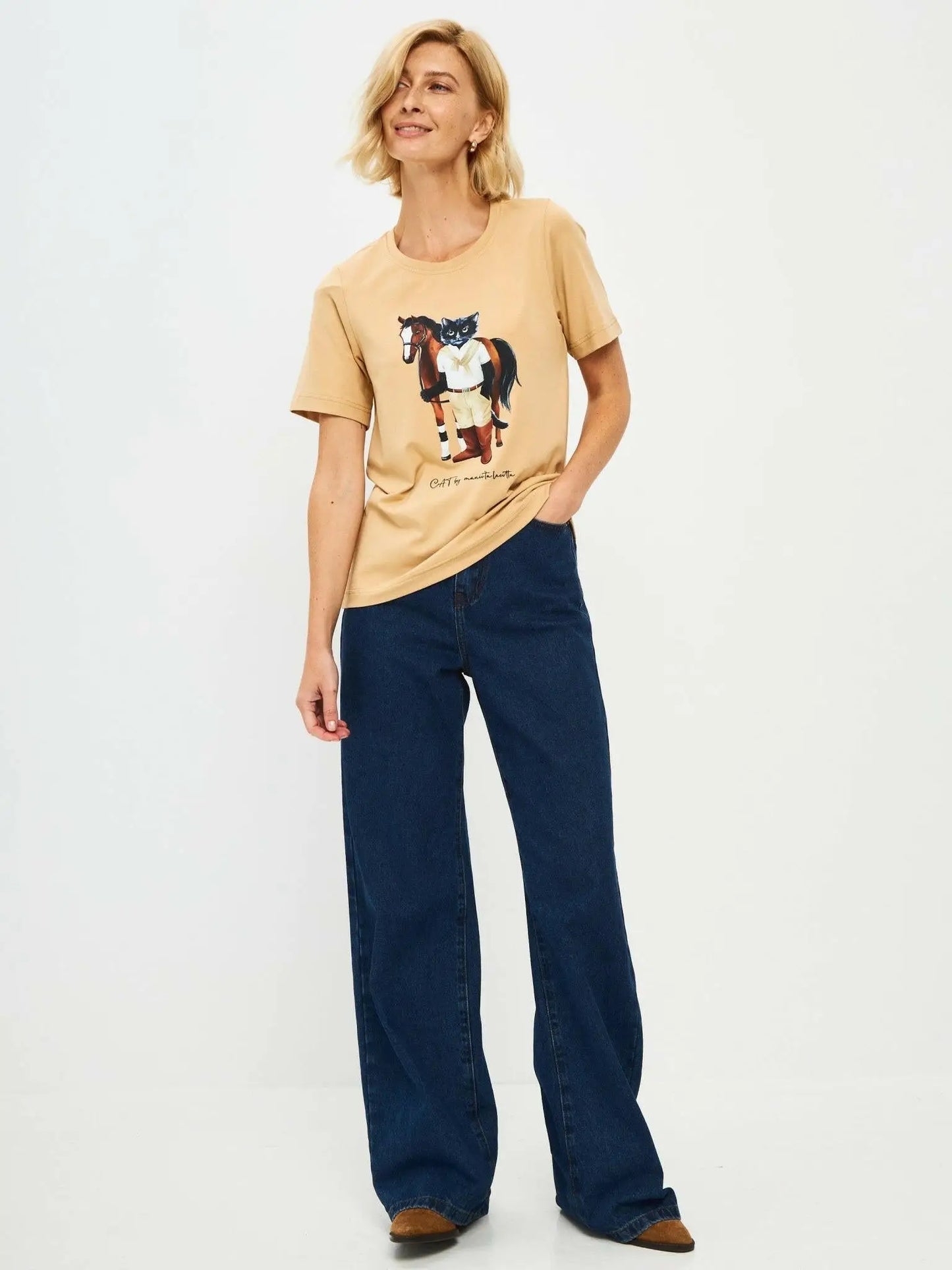 Beige printed t-shirt rider cat - Funny Cat T-shirt | For Cat Lovers | CAT by maniita lacitta