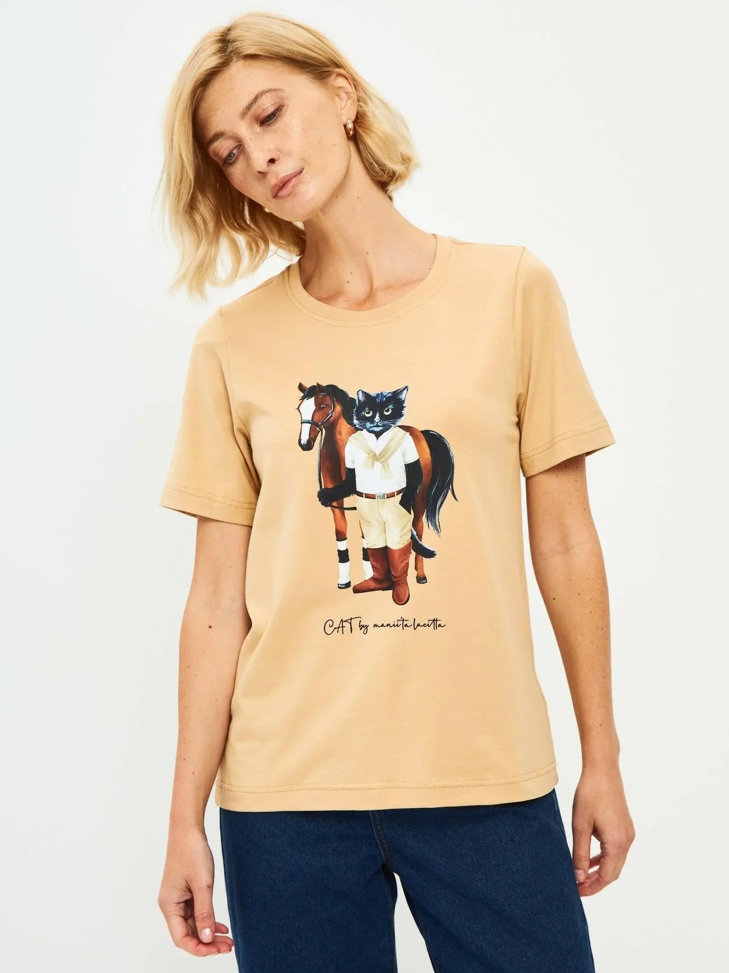 Beige printed t-shirt rider cat - Funny Cat T-shirt | For Cat Lovers | CAT by maniita lacitta