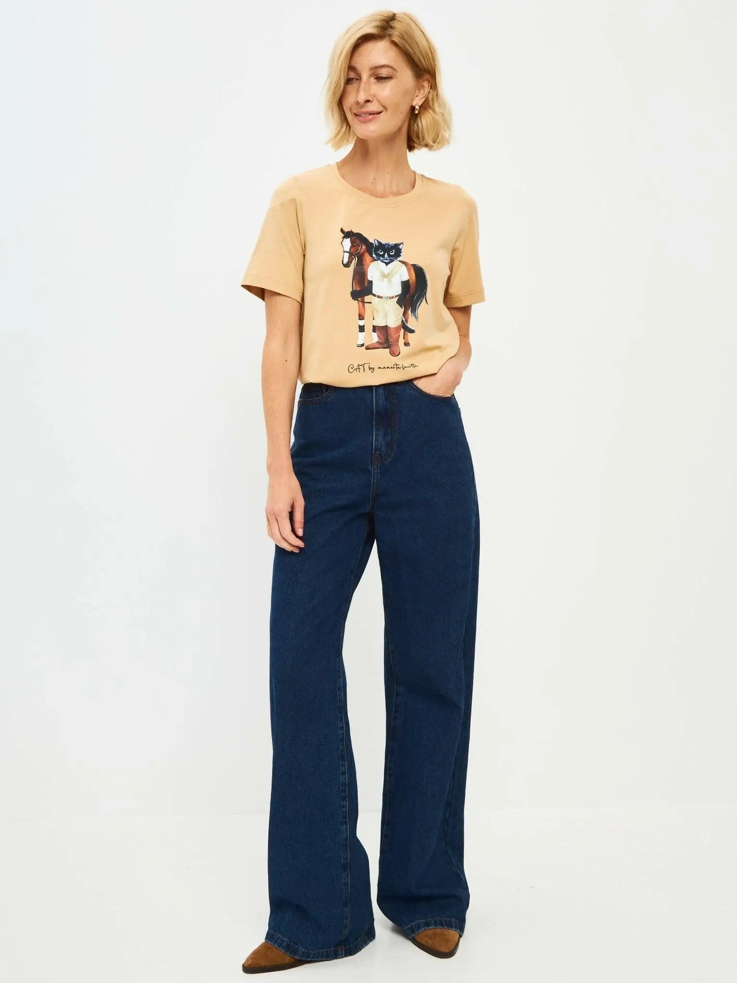 Beige printed t-shirt rider cat - Funny Cat T-shirt | For Cat Lovers | CAT by maniita lacitta