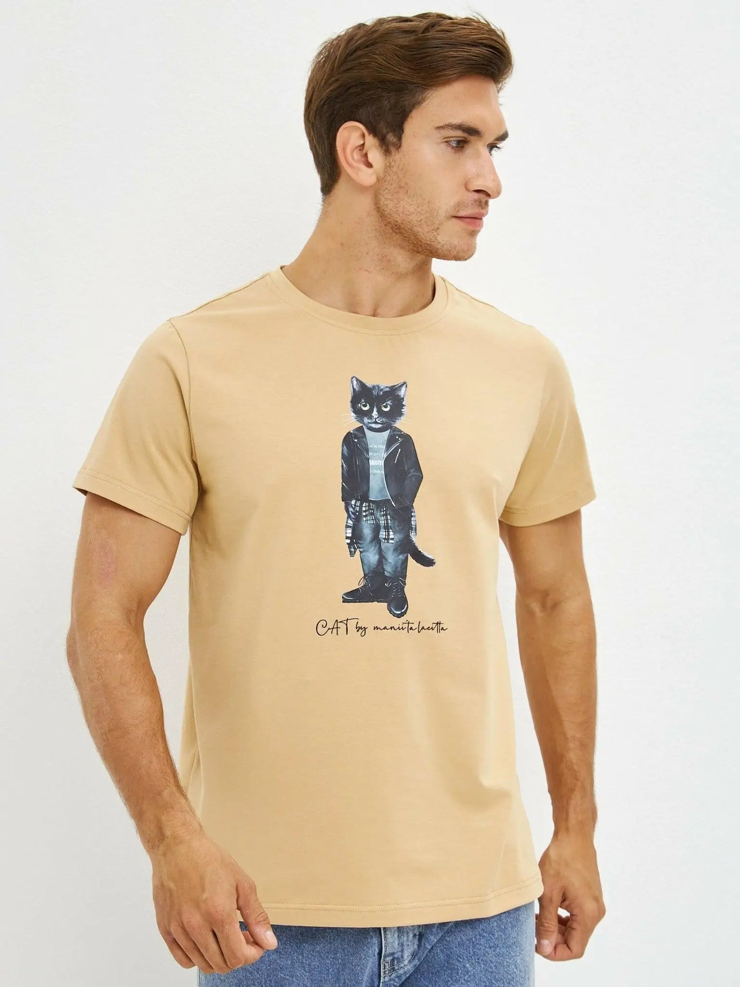 Beige printed t-shirt rocker cat - Funny Cat T-shirt | For Cat Lovers | CAT by maniita lacitta