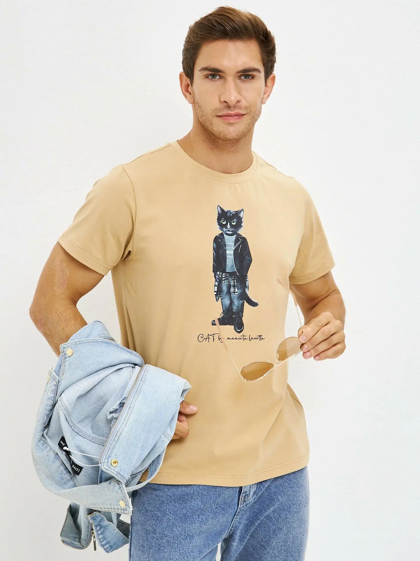Beige printed t-shirt rocker cat - Funny Cat T-shirt | For Cat Lovers | CAT by maniita lacitta