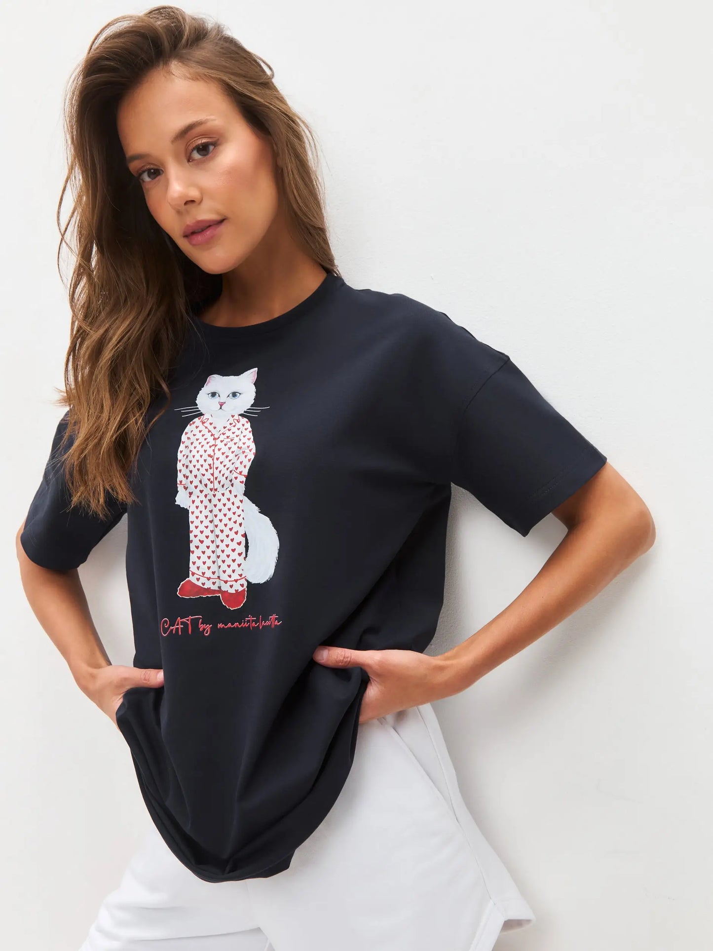 Blue Printed oversized T-shirt PAJAMAS CAT - Loungewear