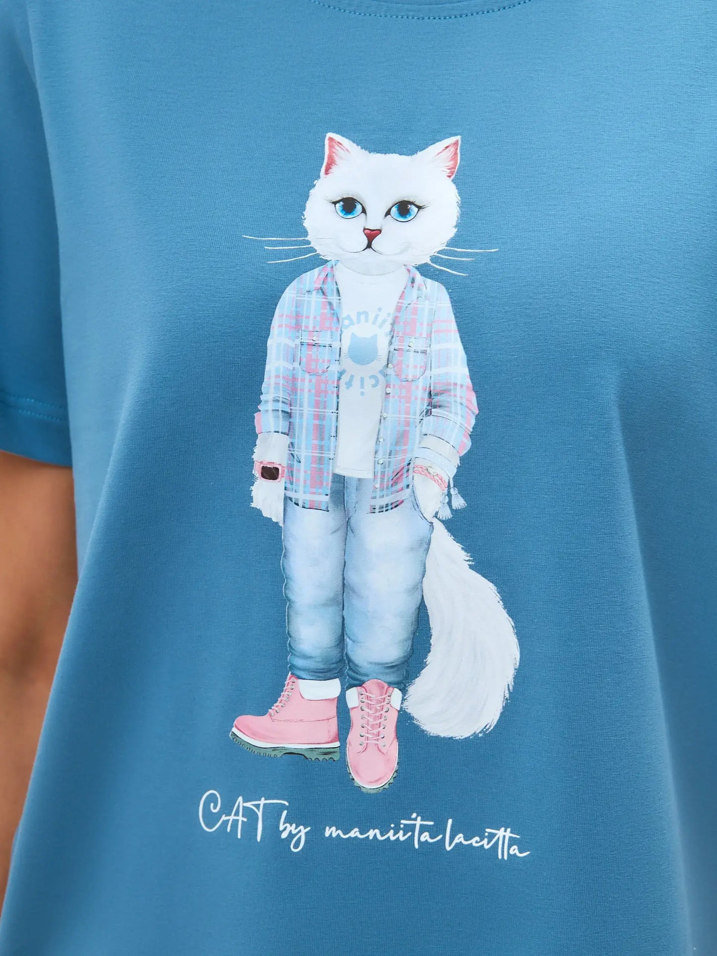 Blue Printed T-shirt COUNTRY WHITE CAT - T-shirt