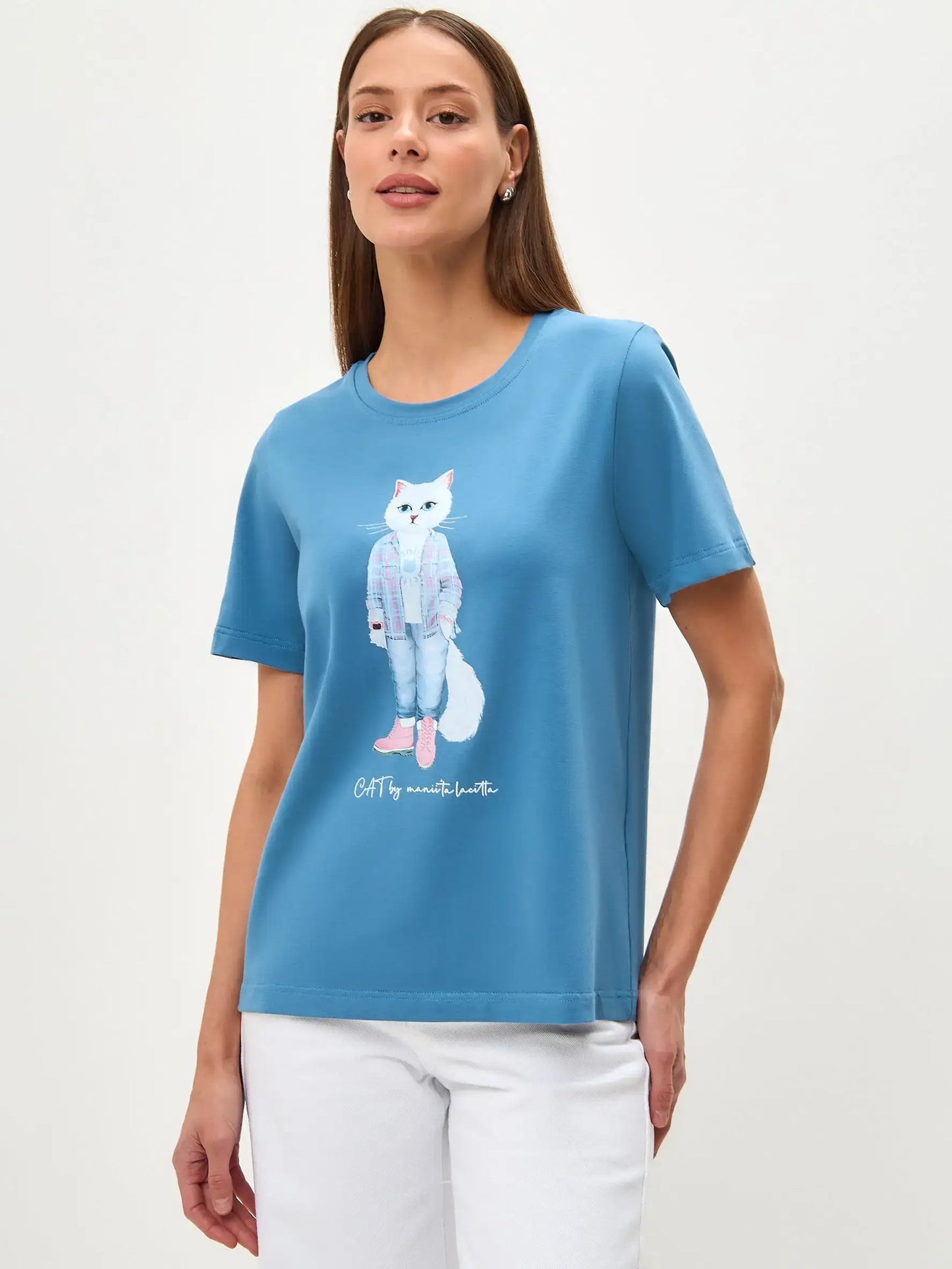 Blue Printed T-shirt COUNTRY WHITE CAT - T-shirt