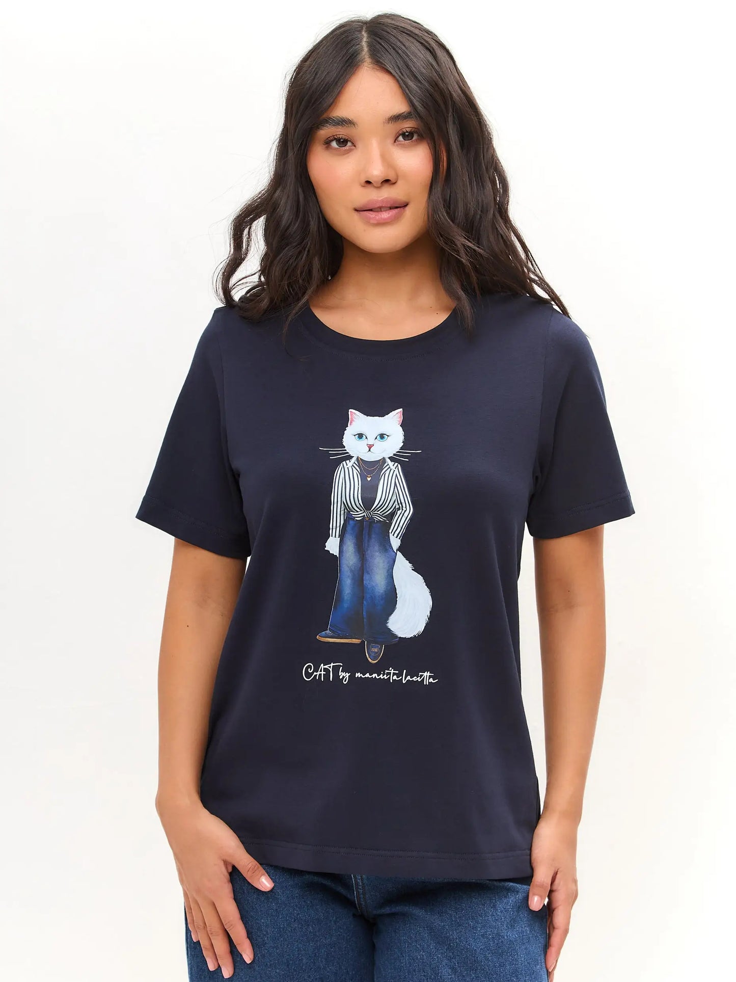 Blue Printed T-shirt COUNTRY WHITE CAT - T-shirt