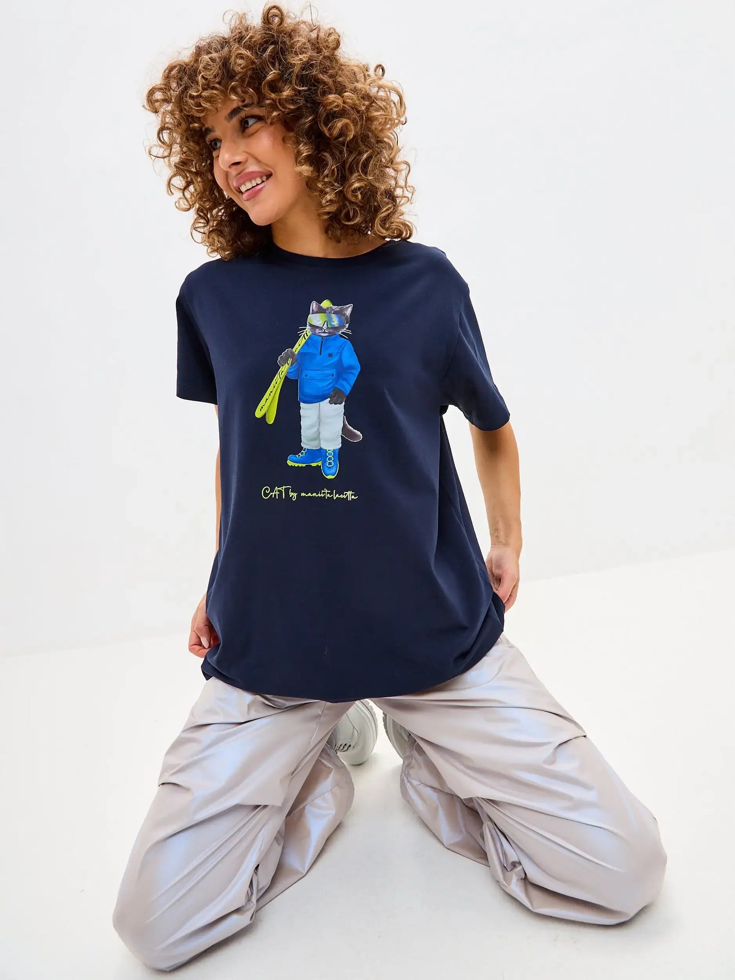 Blue Printed T-shirt SKI CAT - T-shirt