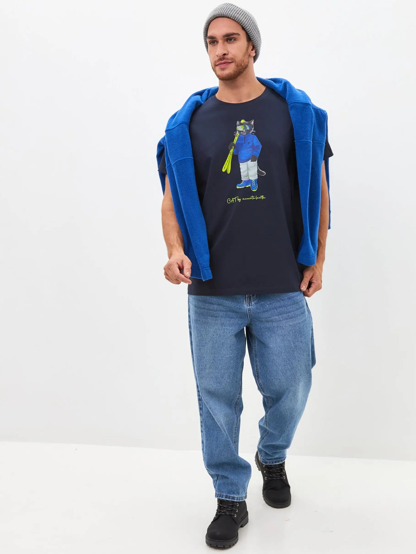 Blue Printed T-shirt SKI CAT - T-shirt