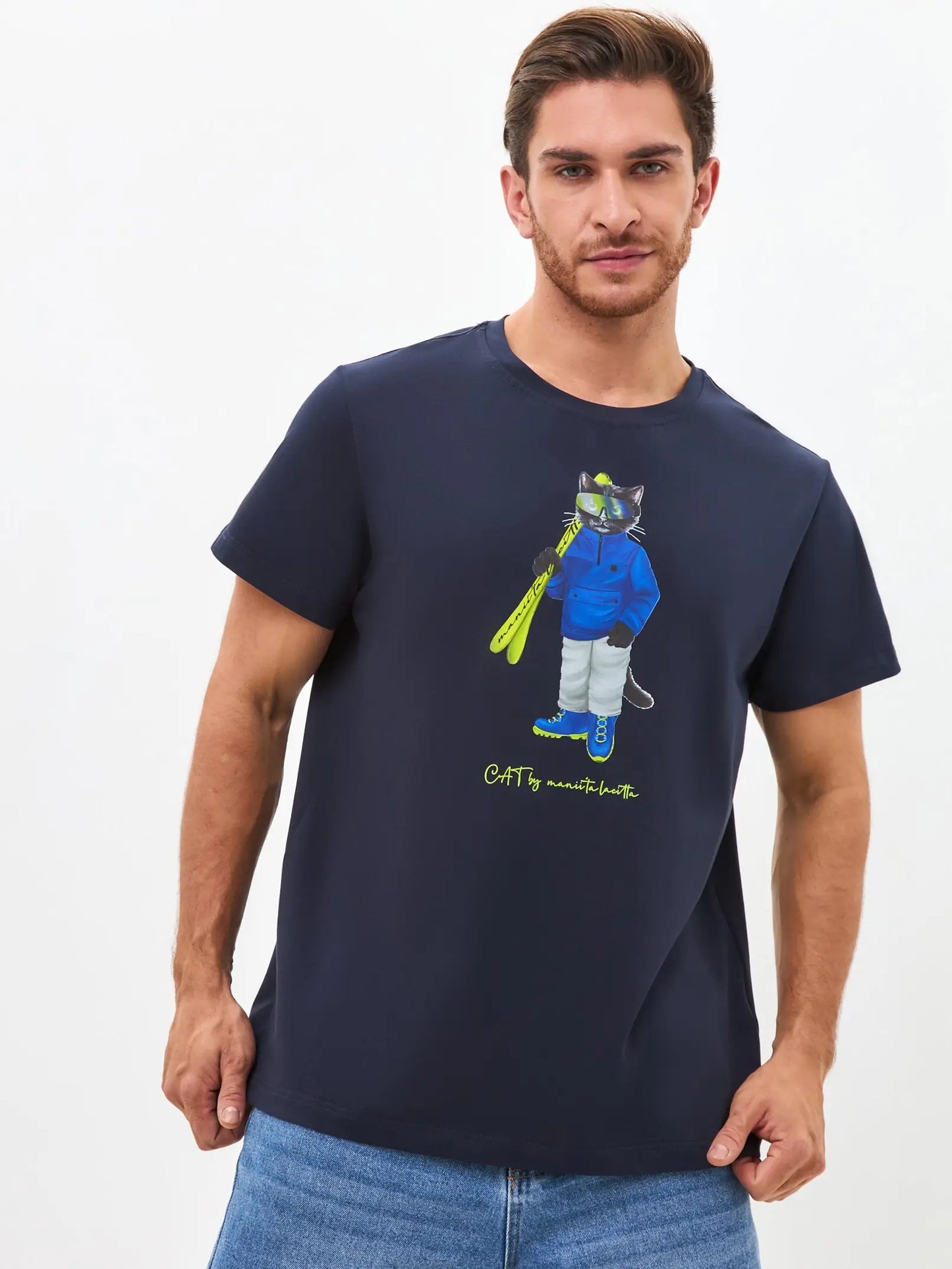 Blue Printed T-shirt SKI CAT - T-shirt