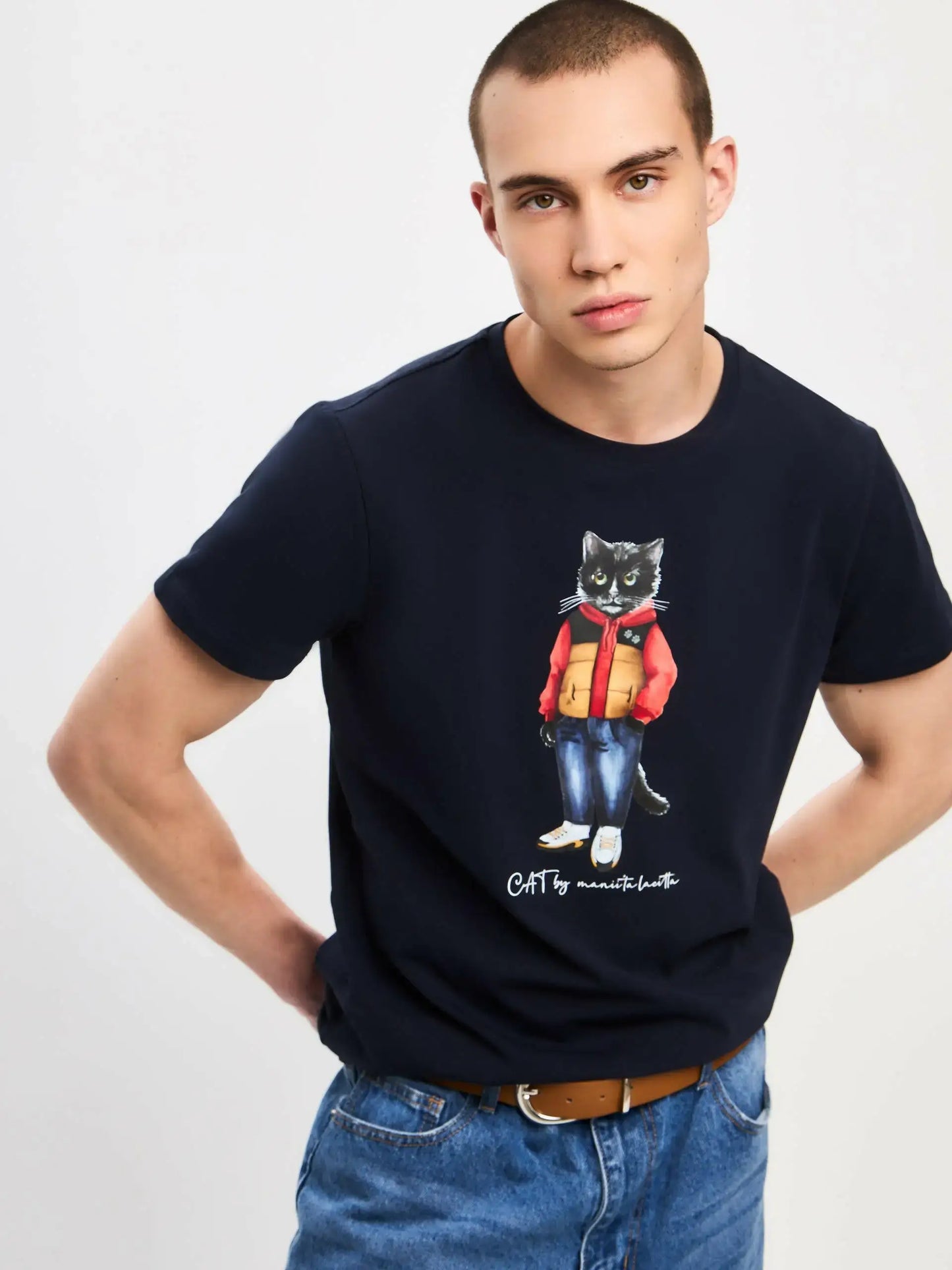 Blue t-shirt sport casual cat - Funny Cat T-shirt | For Cat Lovers | CAT by maniita lacitta