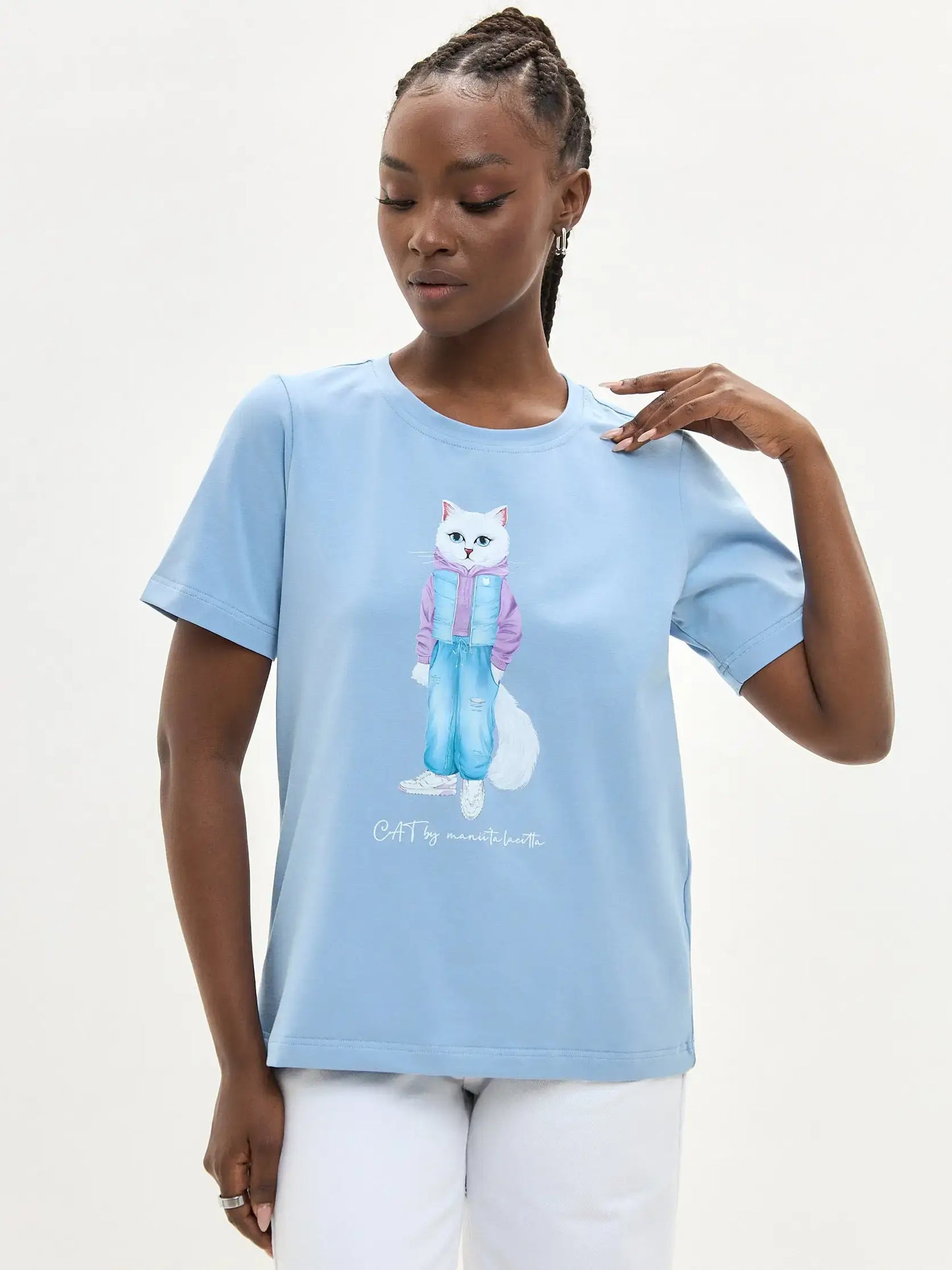 Blue t-shirt white cat walk - Funny Cat T-shirt | For Cat Lovers | CAT by maniita lacitta