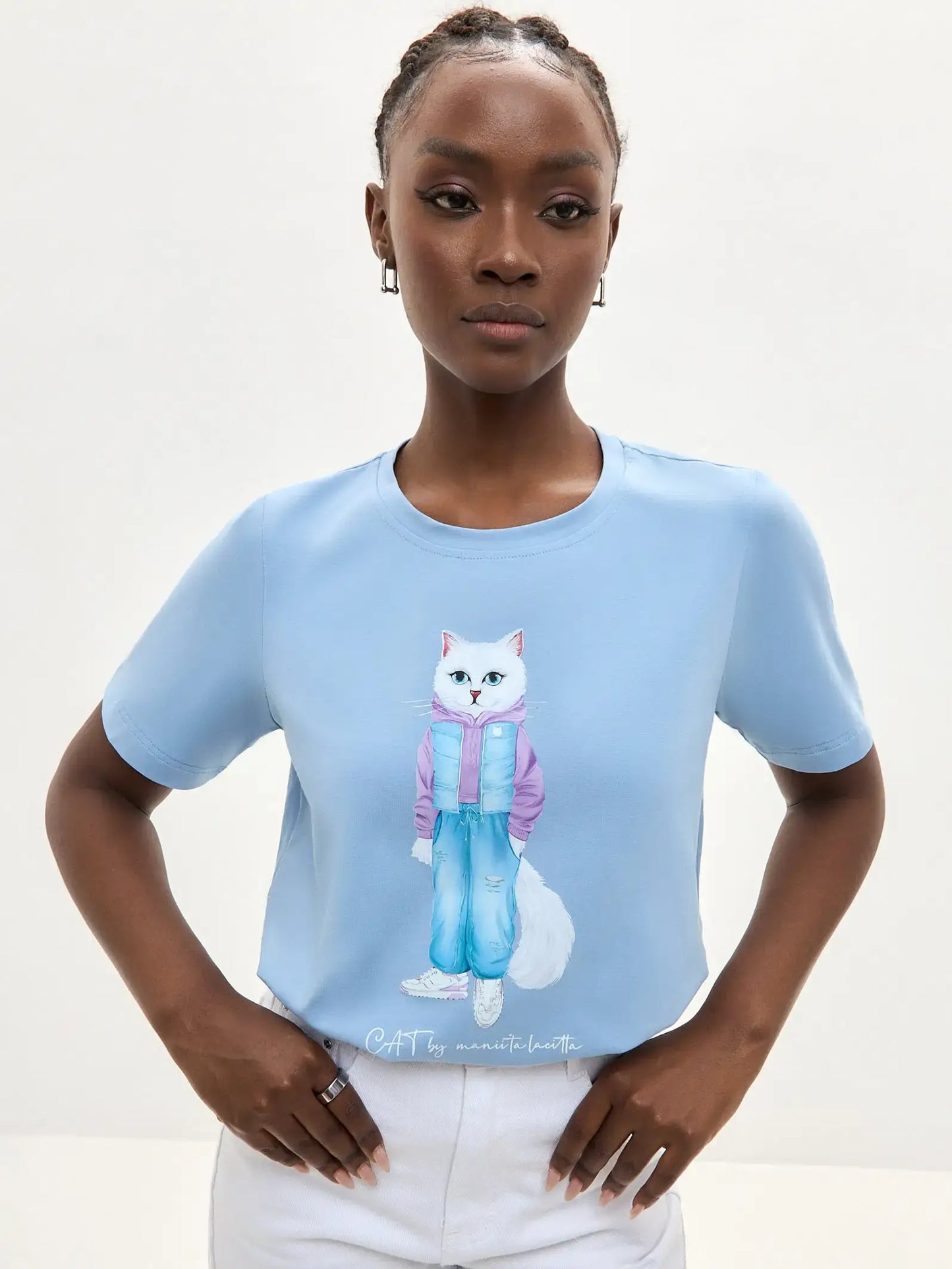 Blue t-shirt white cat walk - Funny Cat T-shirt | For Cat Lovers | CAT by maniita lacitta