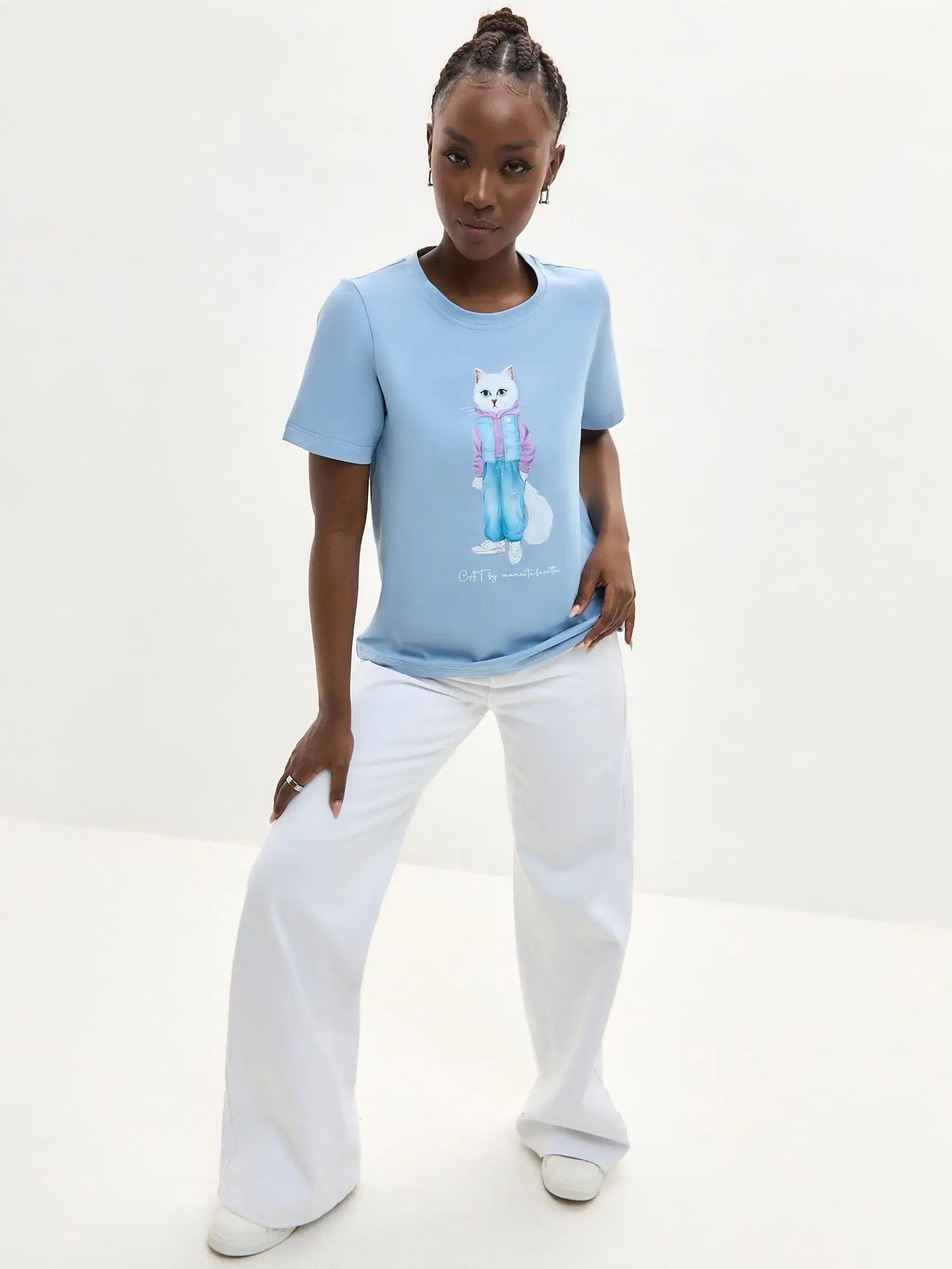 Blue Printed T-shirt WALKING CAT - T-shirt
