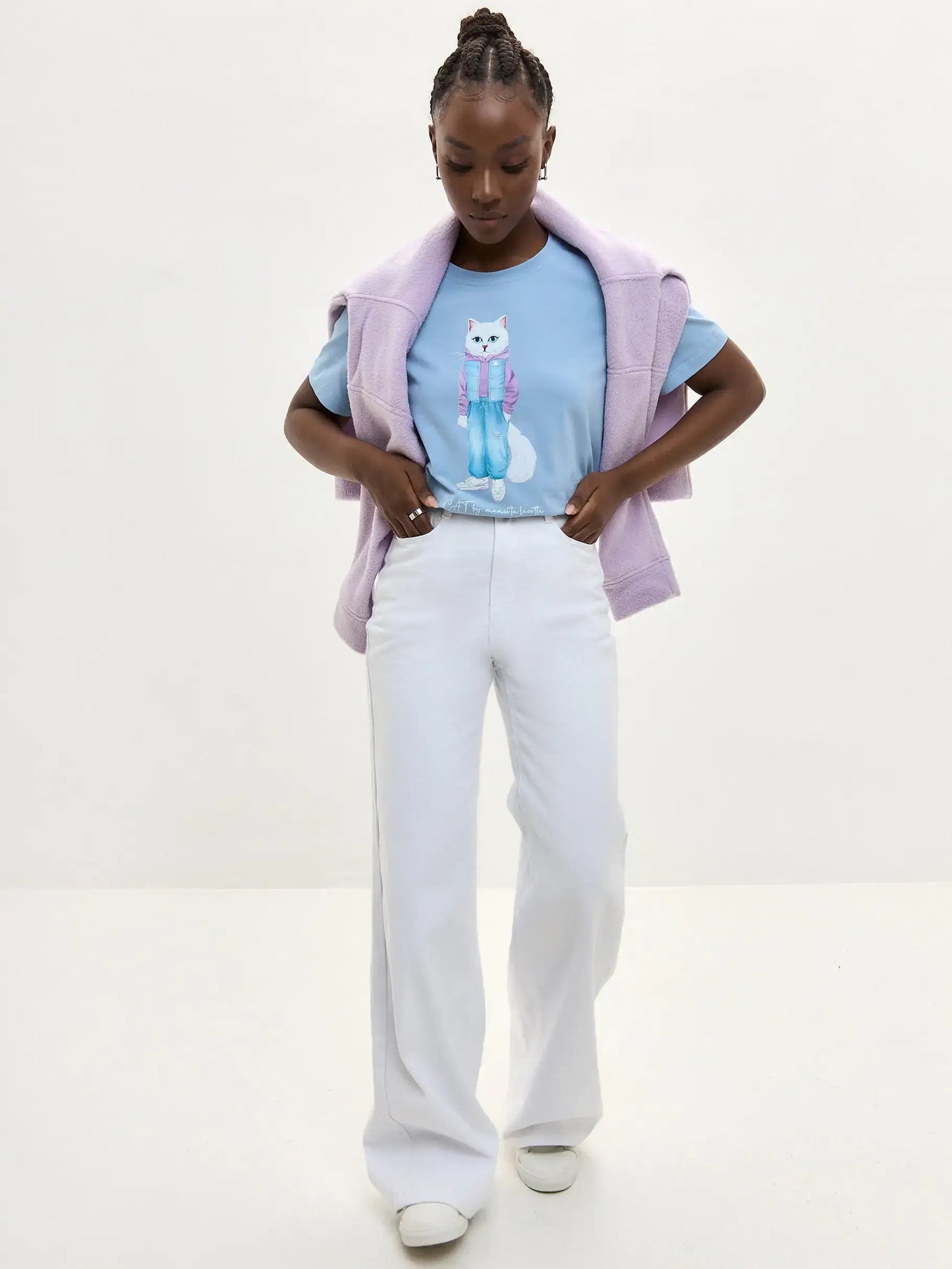 Blue t-shirt white cat walk - Funny Cat T-shirt | For Cat Lovers | CAT by maniita lacitta
