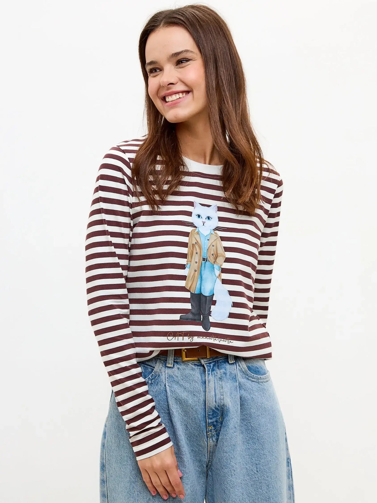 Brown Printed Longsleeve TRENCH COAT CAT - Shirt & Striped shirt