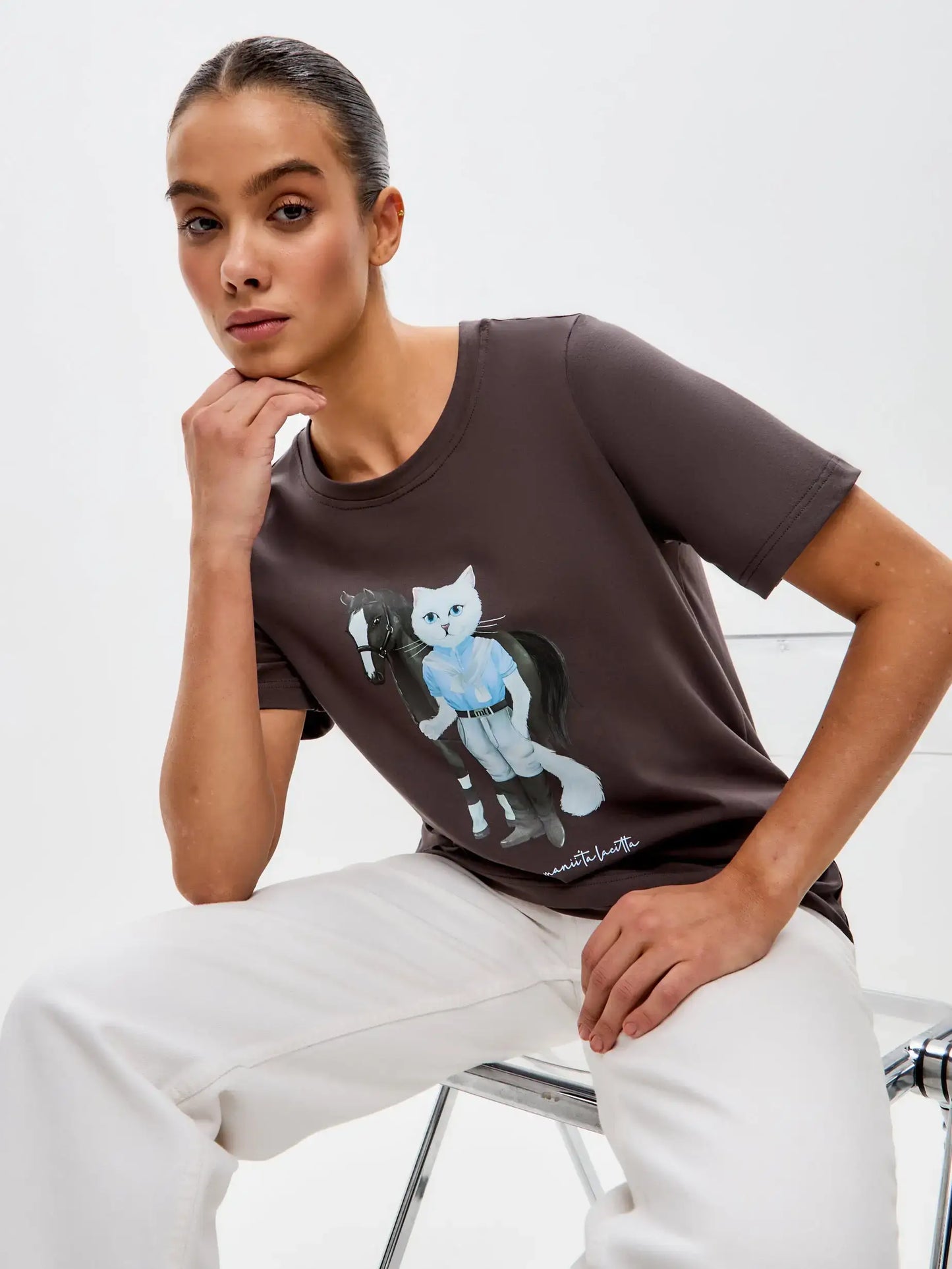 Brown Printed T-shirt RIDER CAT - T-shirt