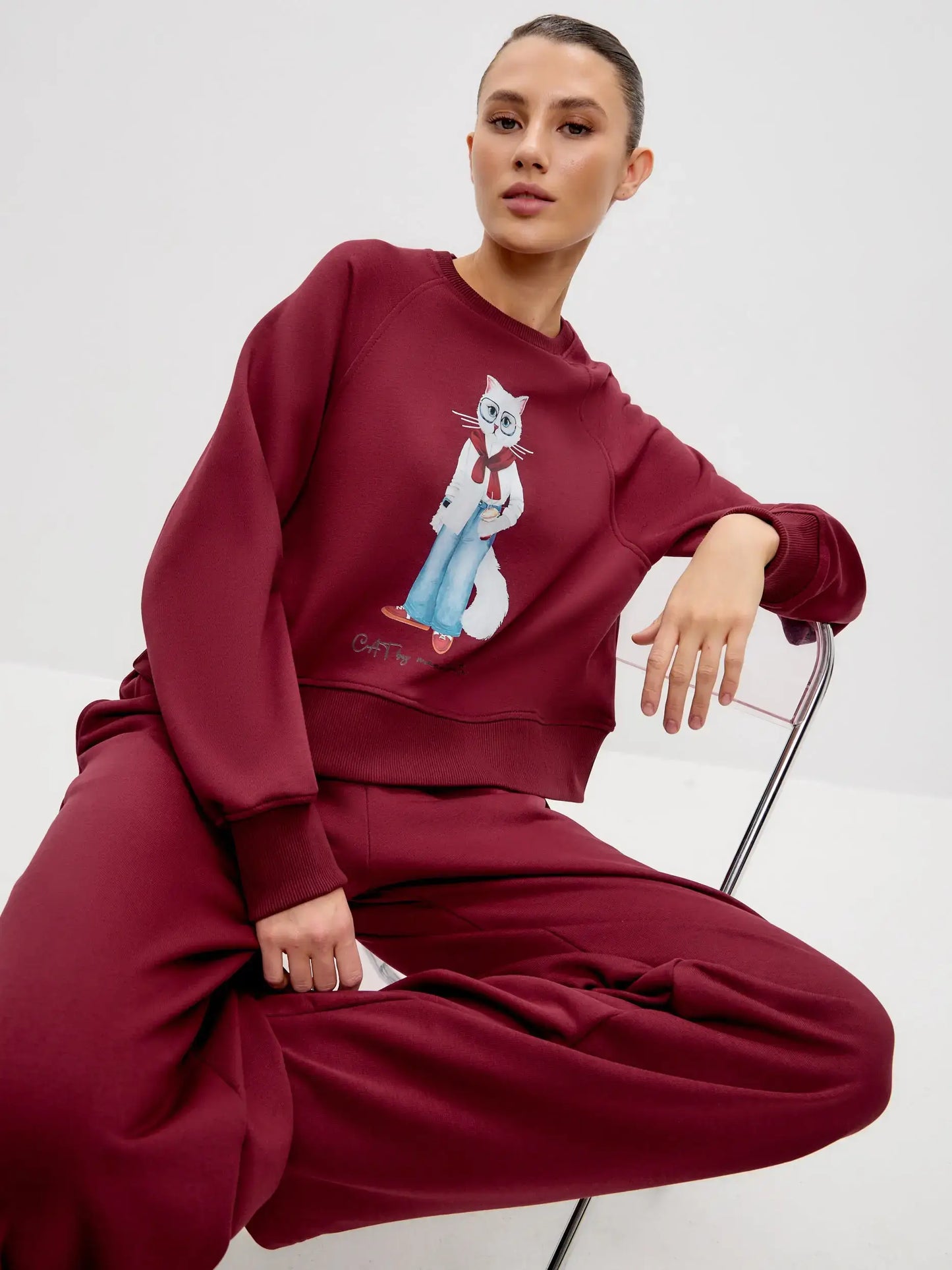 Burgundy Printed Sweatshirt COFFEE CAT - Hoodie & sweatshirt