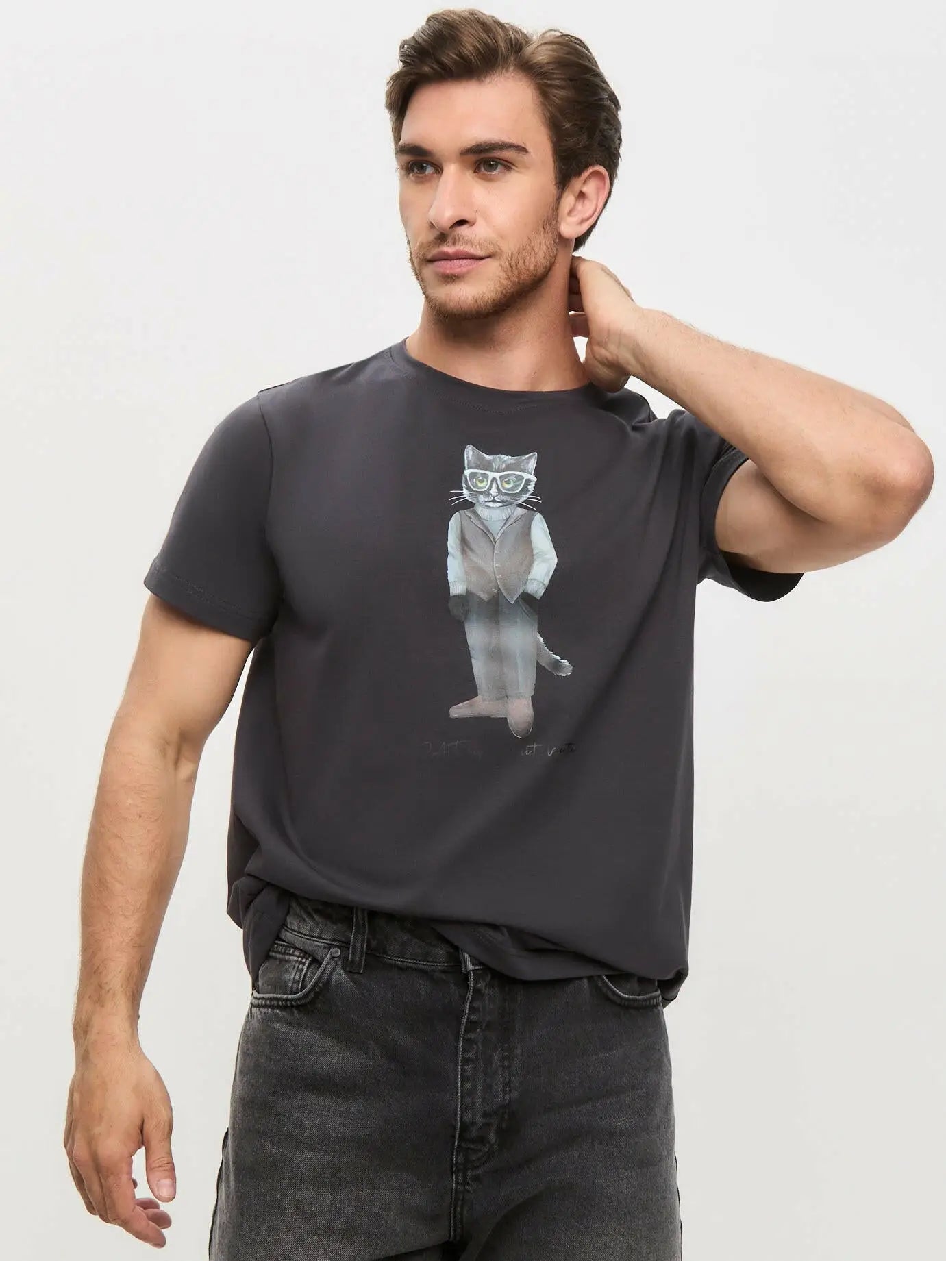 Grey printed t-shirt minimalist cat - Funny Cat T-shirt | For Cat Lovers | CAT by maniita lacitta
