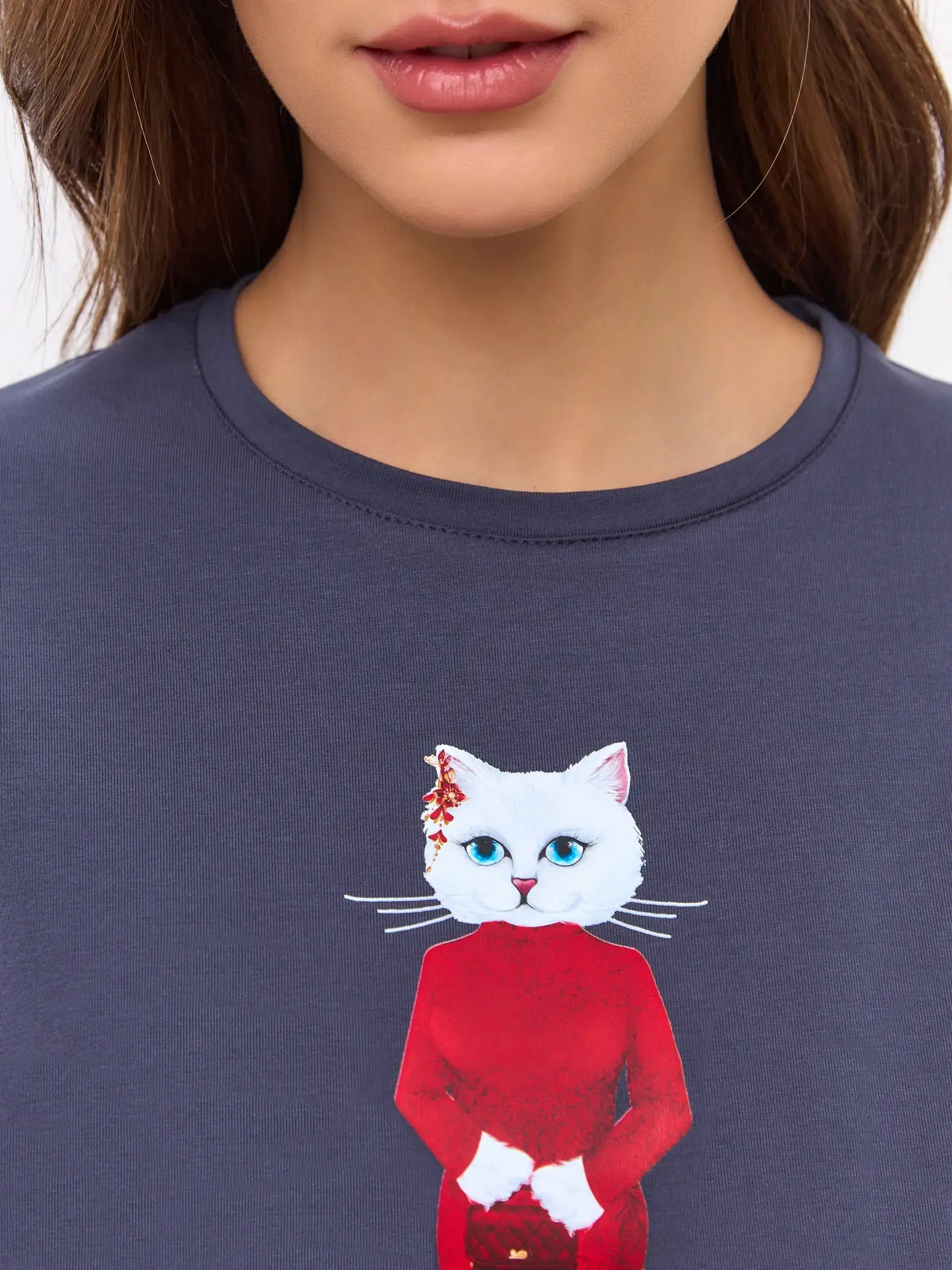 Grey Printed T-shirt CAT IN RED - T-shirt