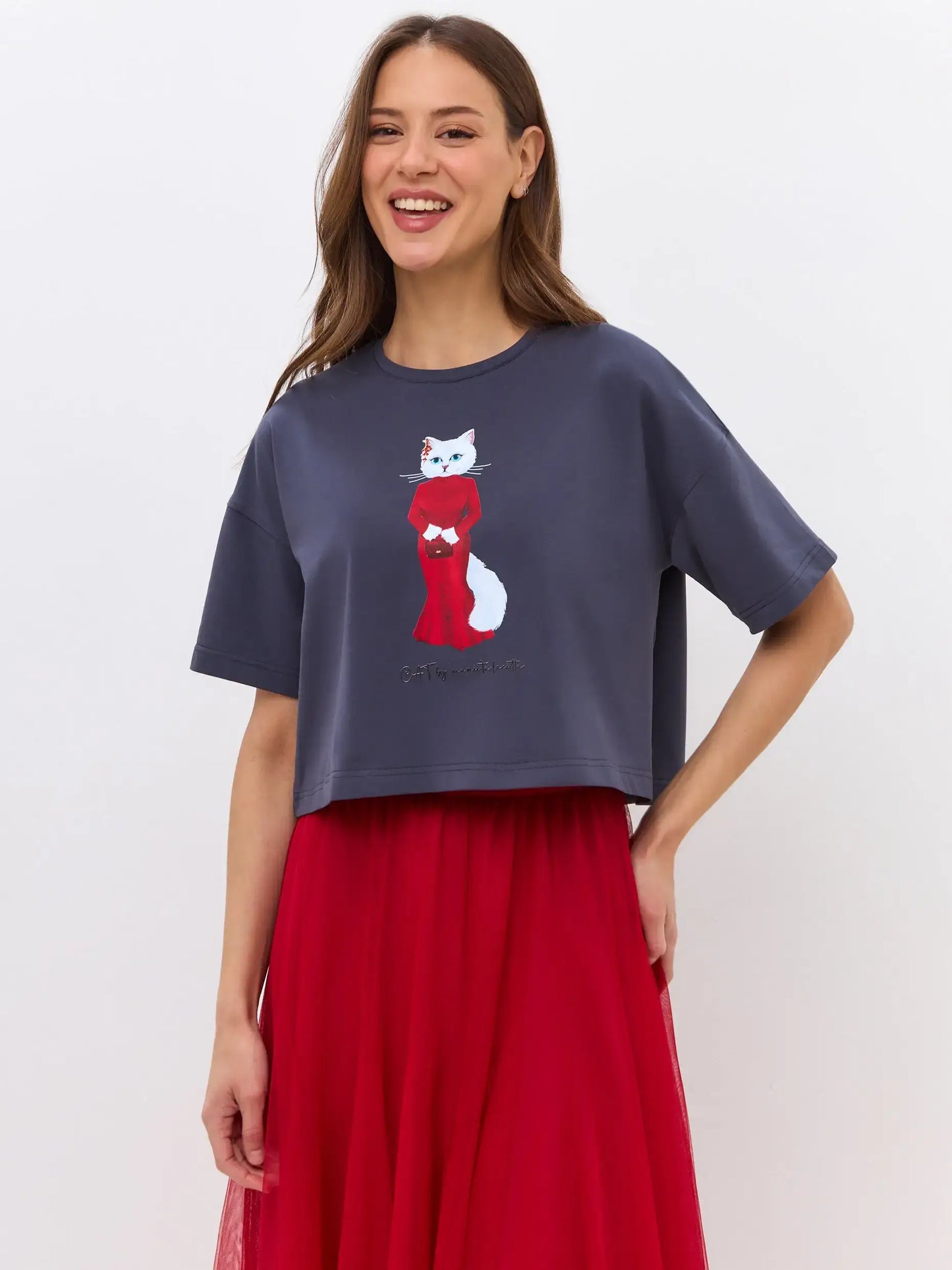 Grey t-shirt cat in red - Funny Cat T-shirt | For Cat Lovers | CAT by maniita lacitta