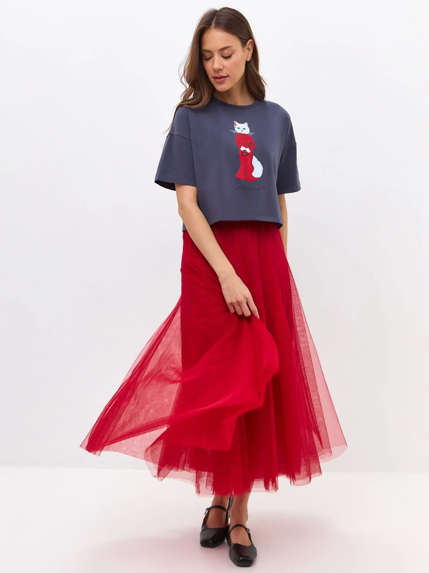 Grey Printed T-shirt CAT IN RED - T-shirt
