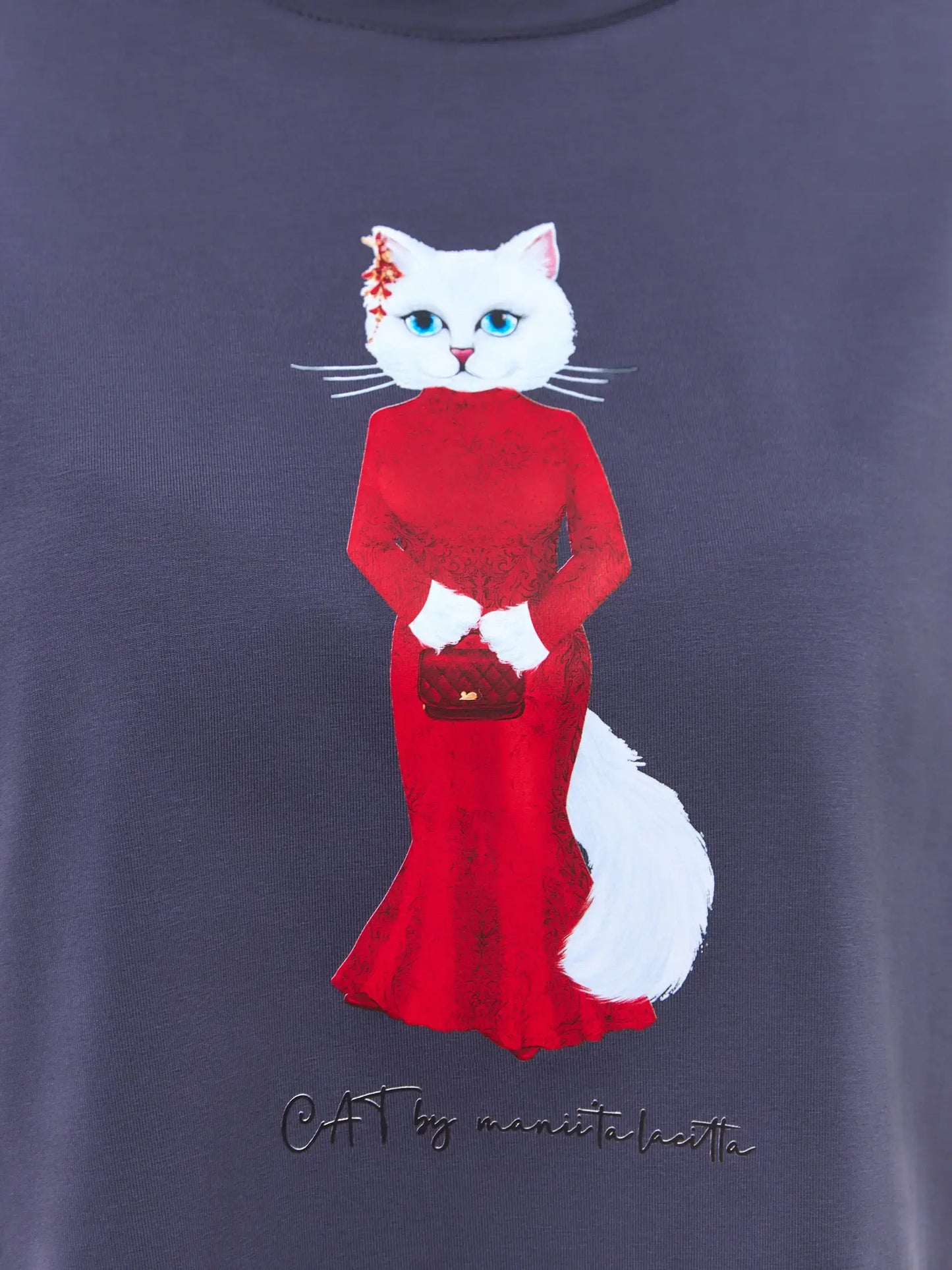 Grey Printed T-shirt CAT IN RED - T-shirt