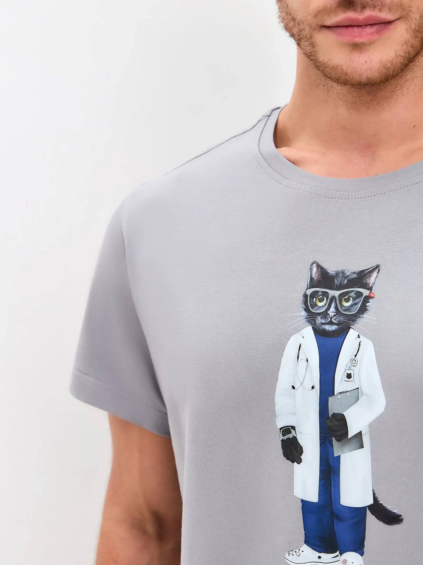 Grey Printed T-shirt DOCTOR CAT - T-shirt