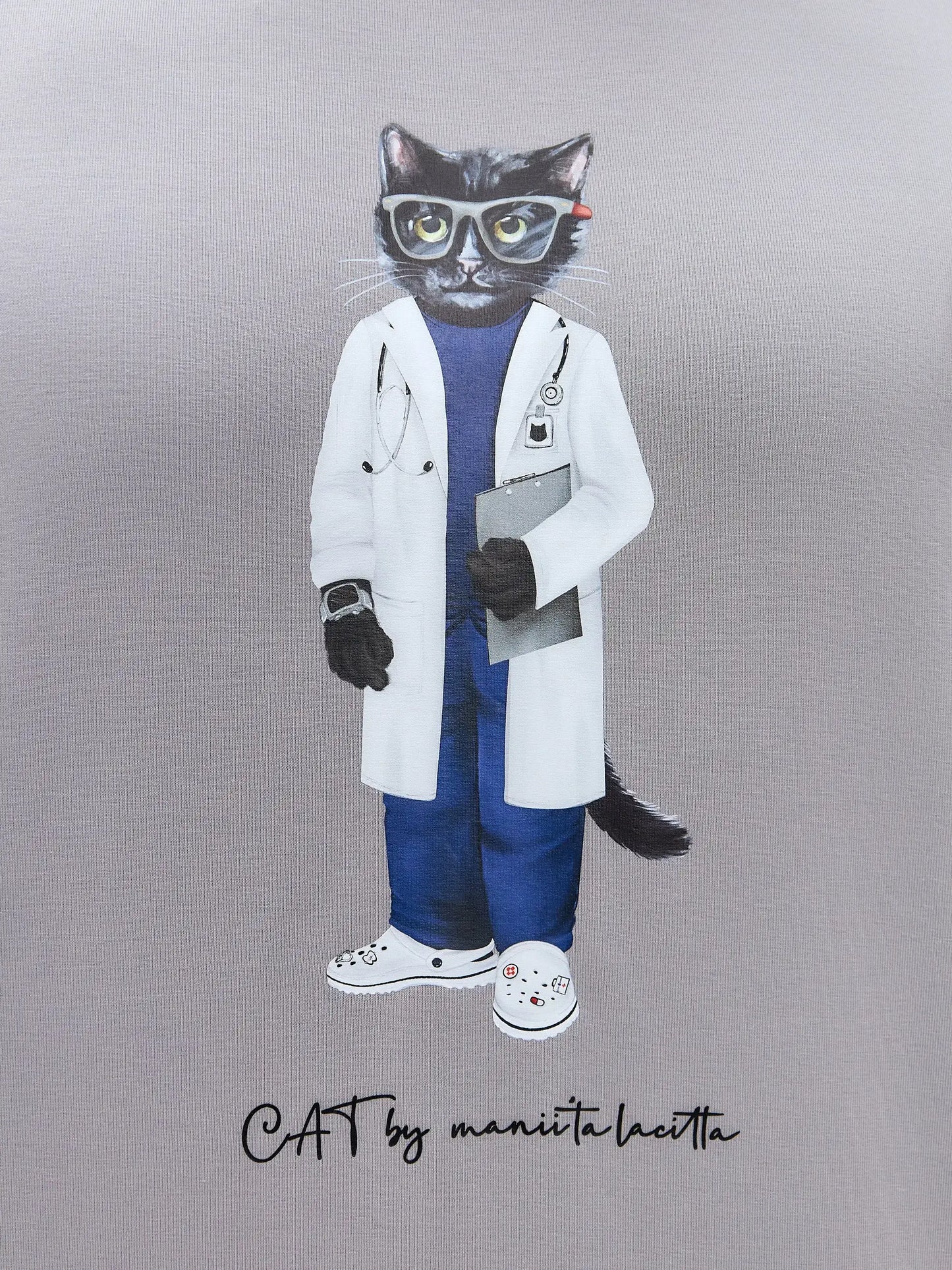 Grey Printed T-shirt DOCTOR CAT - T-shirt