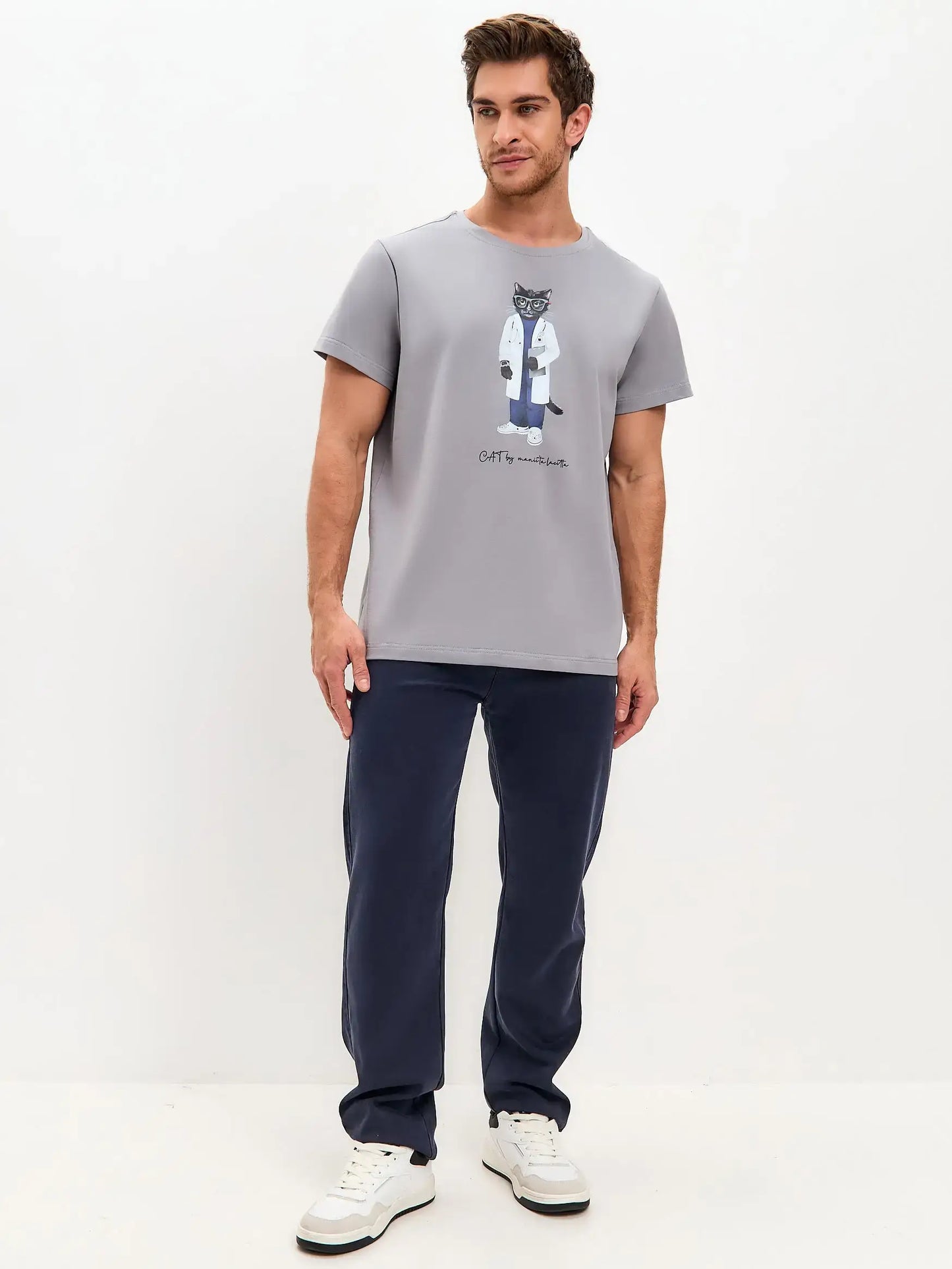 Grey Printed T-shirt DOCTOR CAT - T-shirt