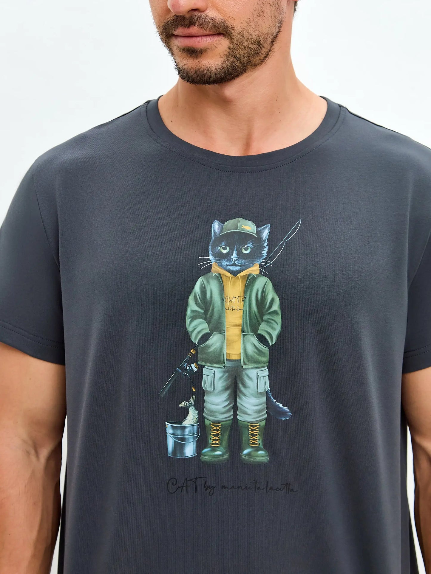 Grey t-shirt fishman cat - Funny Cat T-shirt | For Cat Lovers | CAT by maniita lacitta