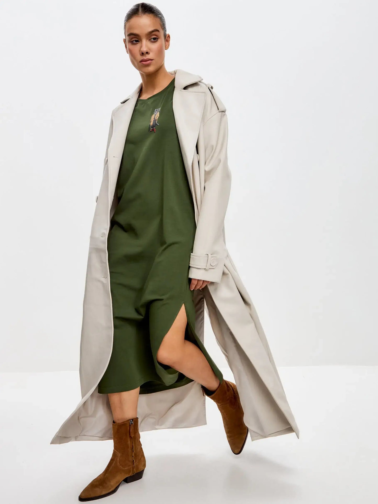 Khaki Printed Dress TRENCH COAT CAT - Dress