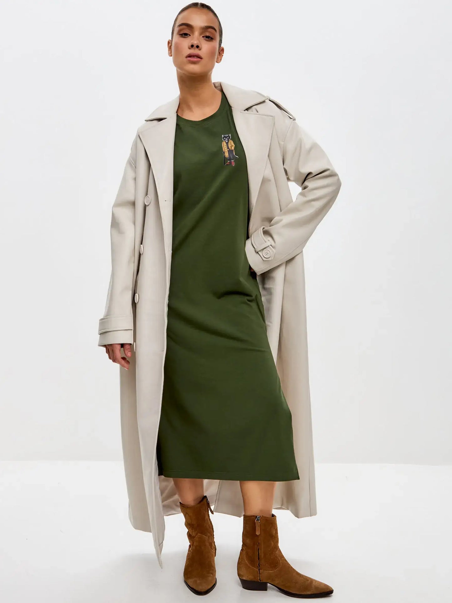 Khaki Printed Dress TRENCH COAT CAT - Dress