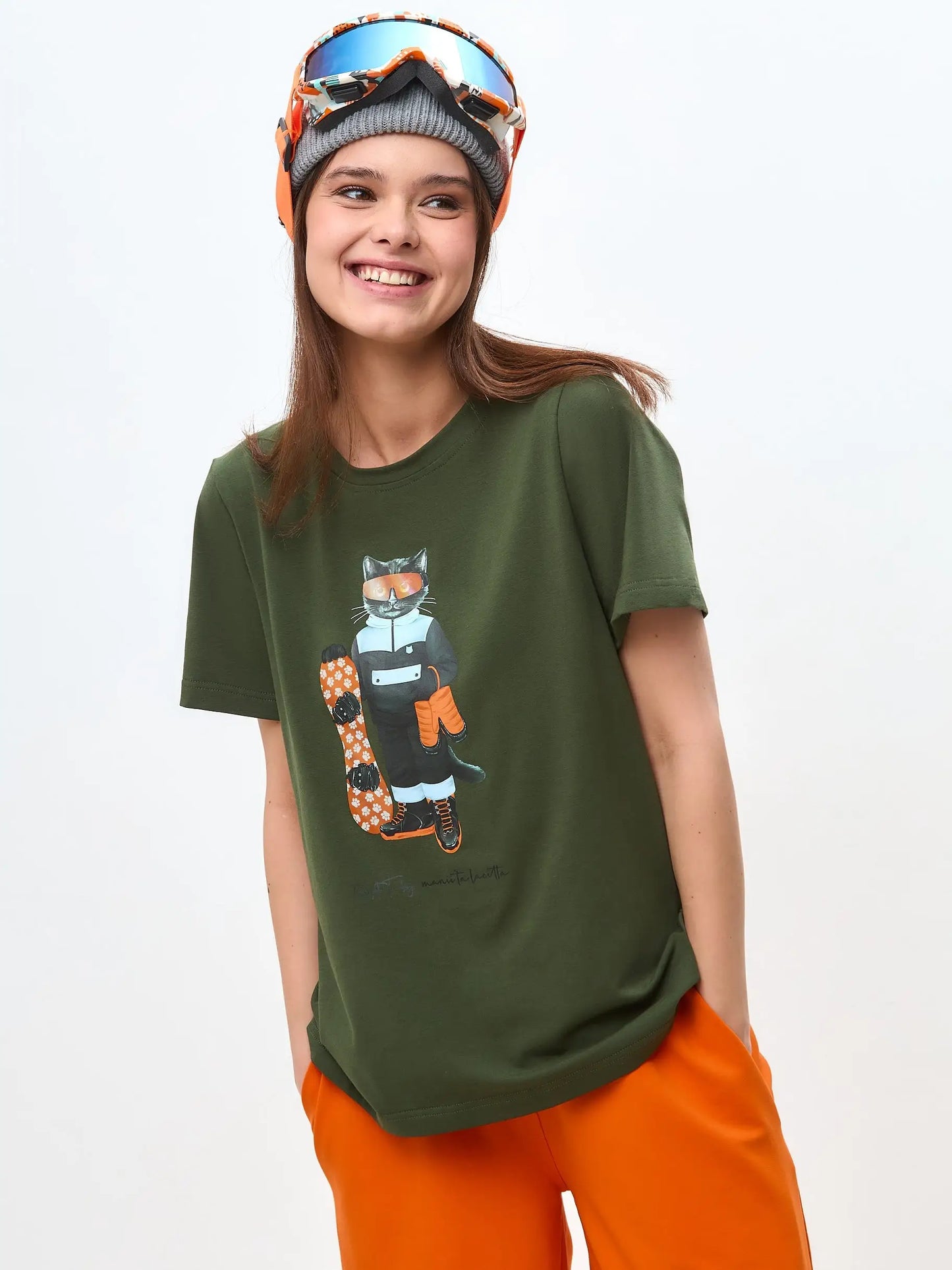 Khaki Printed T-shirt SNOWBOARD CAT - T-shirt