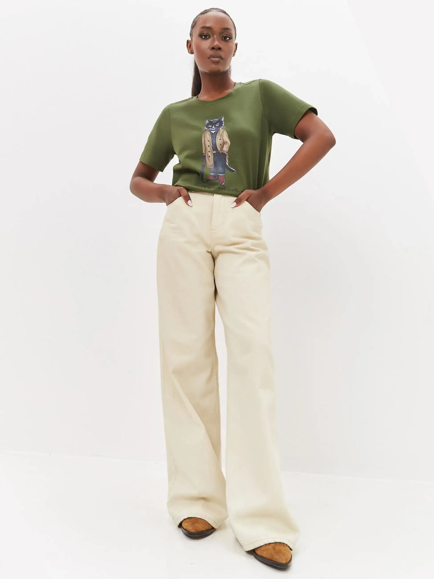 Khaki Printed T-shirt TRENCH COAT CAT - T-shirt
