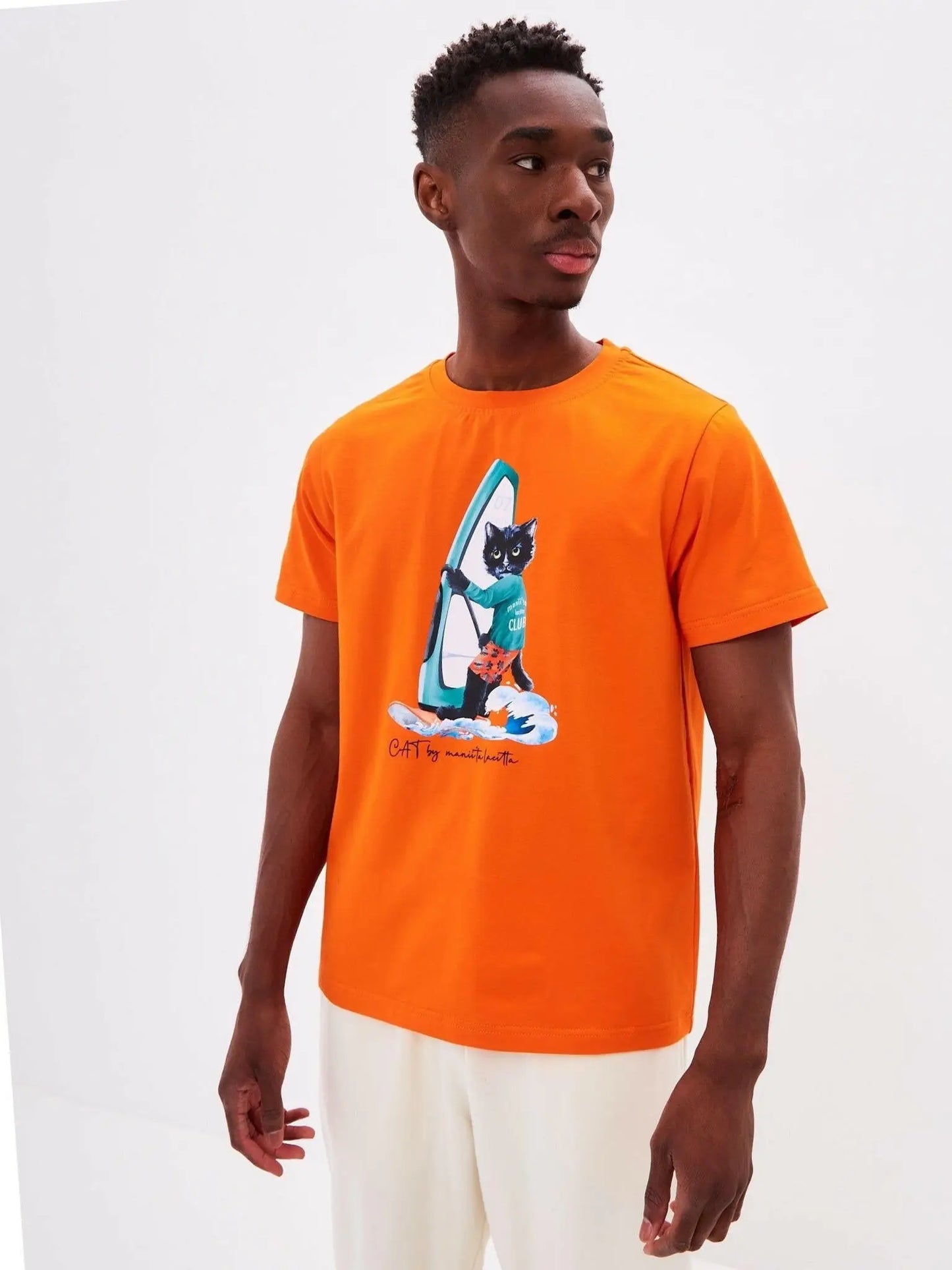 Orange printed t-shirt surfer cat - Funny Cat T-shirt | For Cat Lovers | CAT by maniita lacitta