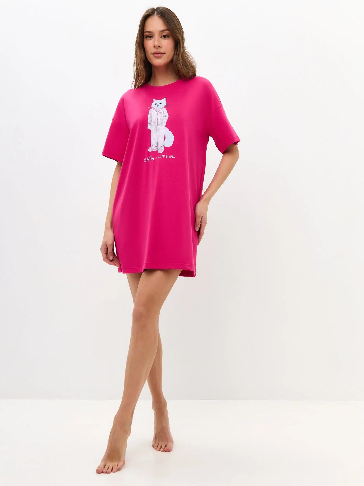 Pink Printed oversized T-shirt PAJAMAS CAT - Loungewear