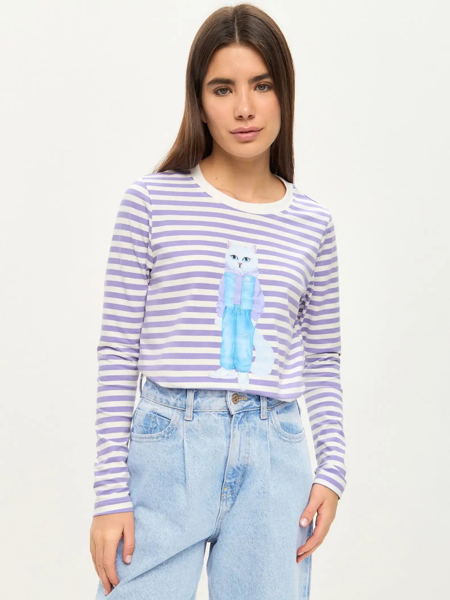 Purple longsleeve white cat walk - Funny Cat Shirt & Striped shirt | For Cat Lovers | CAT by maniita