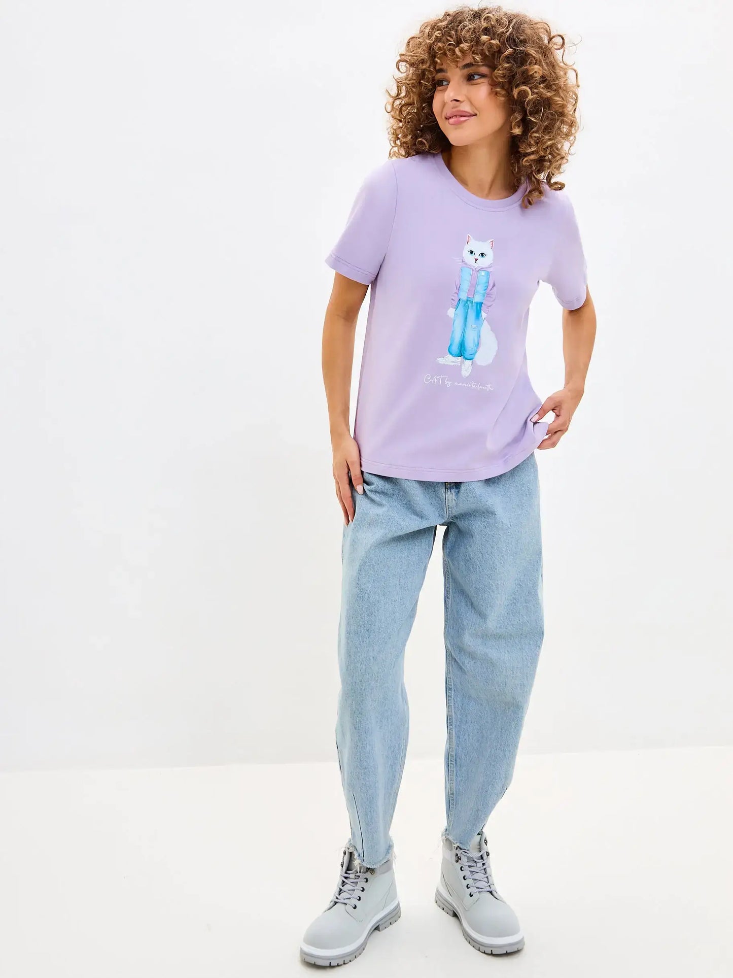Purple t-shirt white cat walk - Funny Cat T-shirt | For Cat Lovers | CAT by maniita lacitta