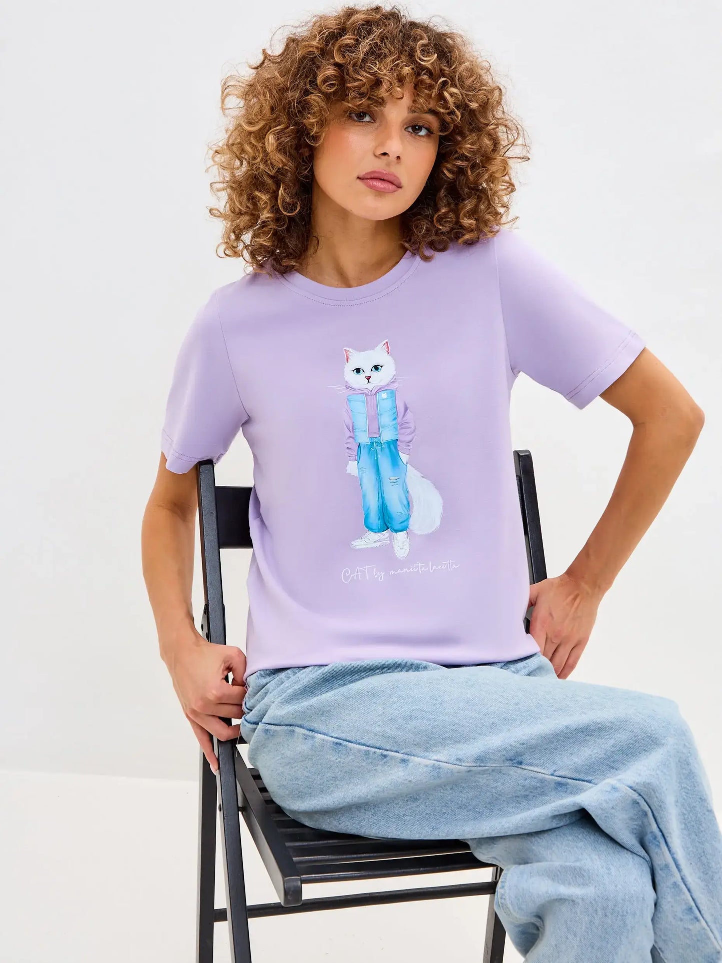 Purple t-shirt white cat walk - Funny Cat T-shirt | For Cat Lovers | CAT by maniita lacitta