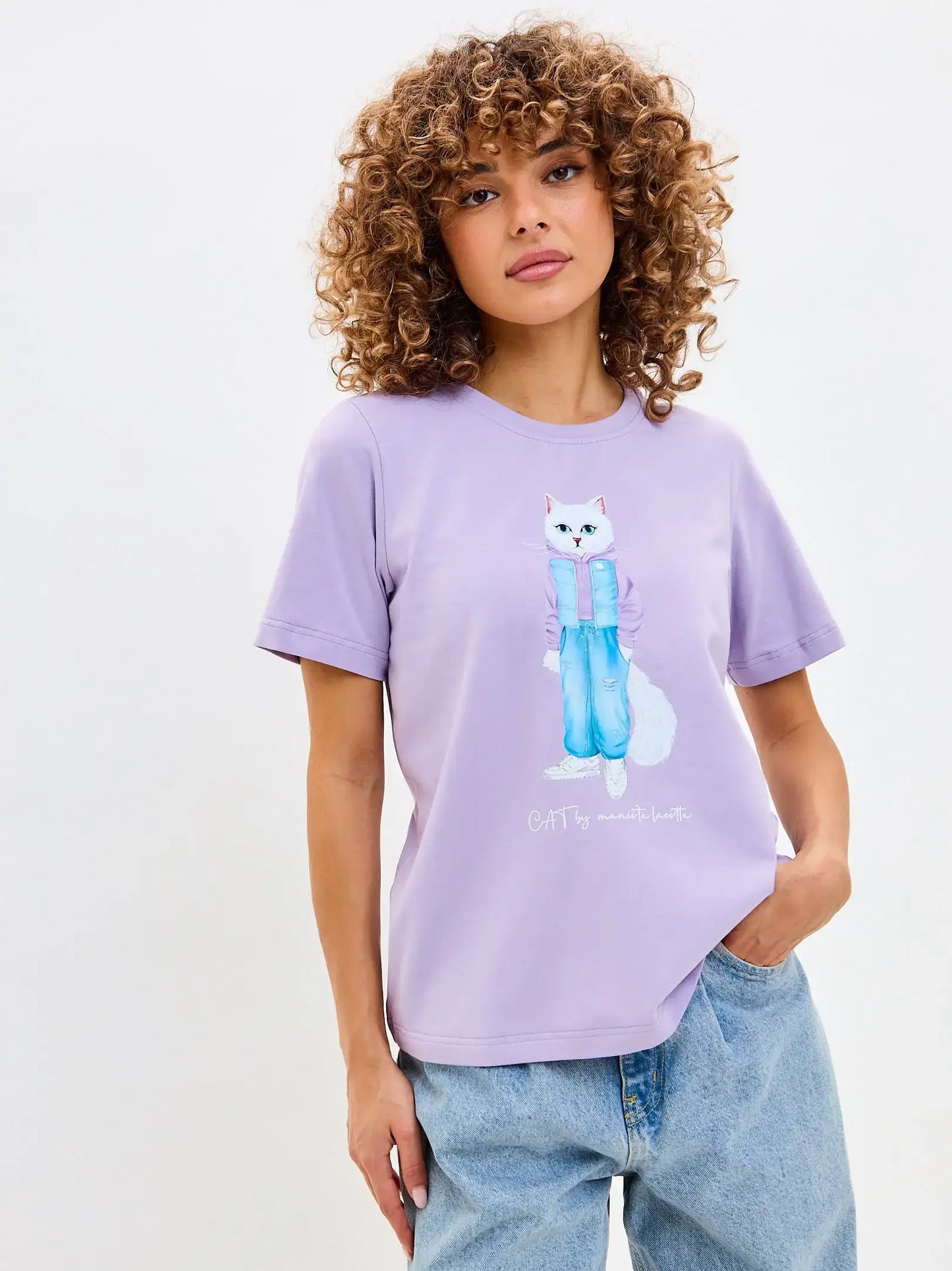 Purple t-shirt white cat walk - Funny Cat T-shirt | For Cat Lovers | CAT by maniita lacitta