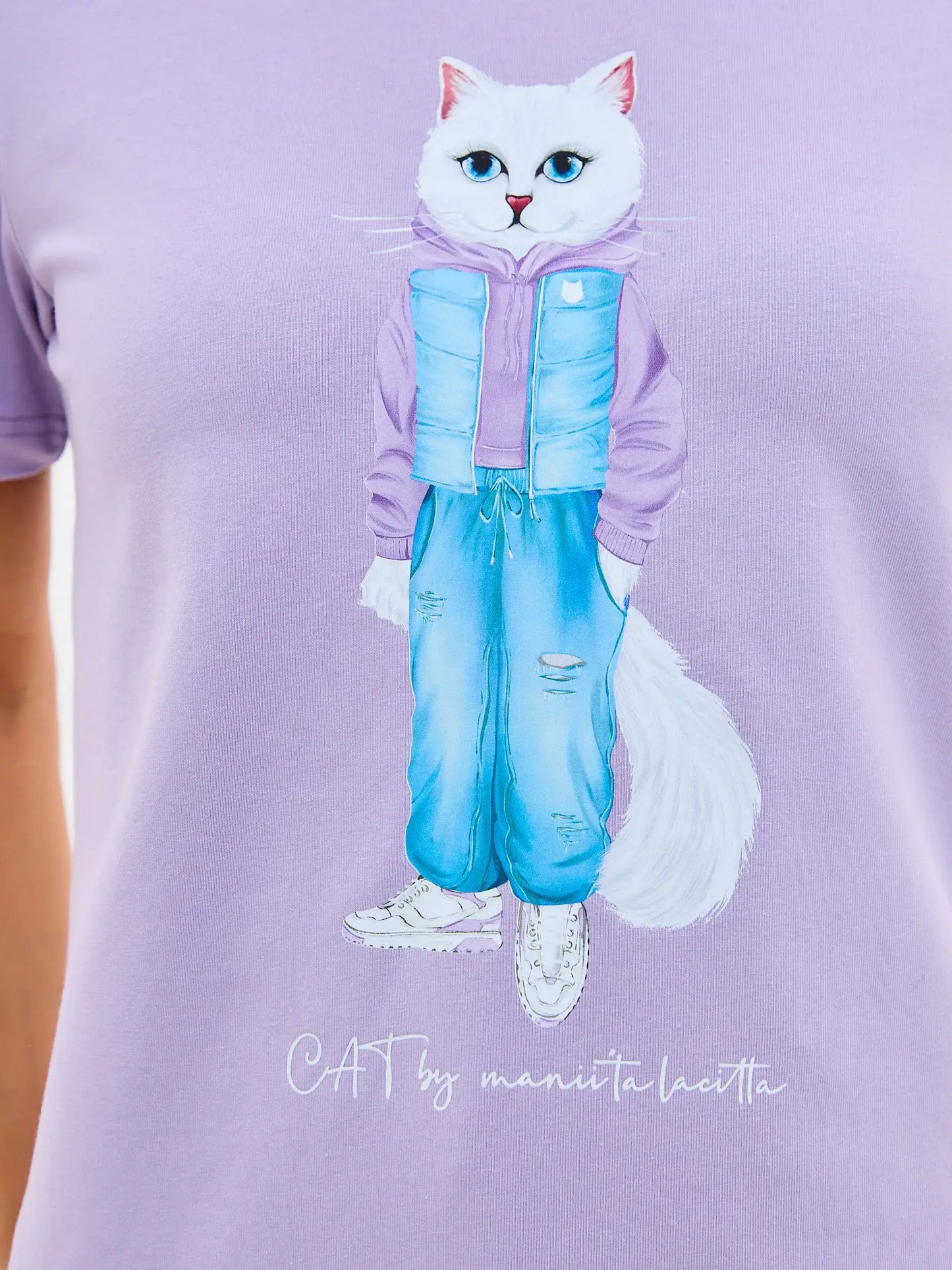 Purple t-shirt white cat walk - Funny Cat T-shirt | For Cat Lovers | CAT by maniita lacitta