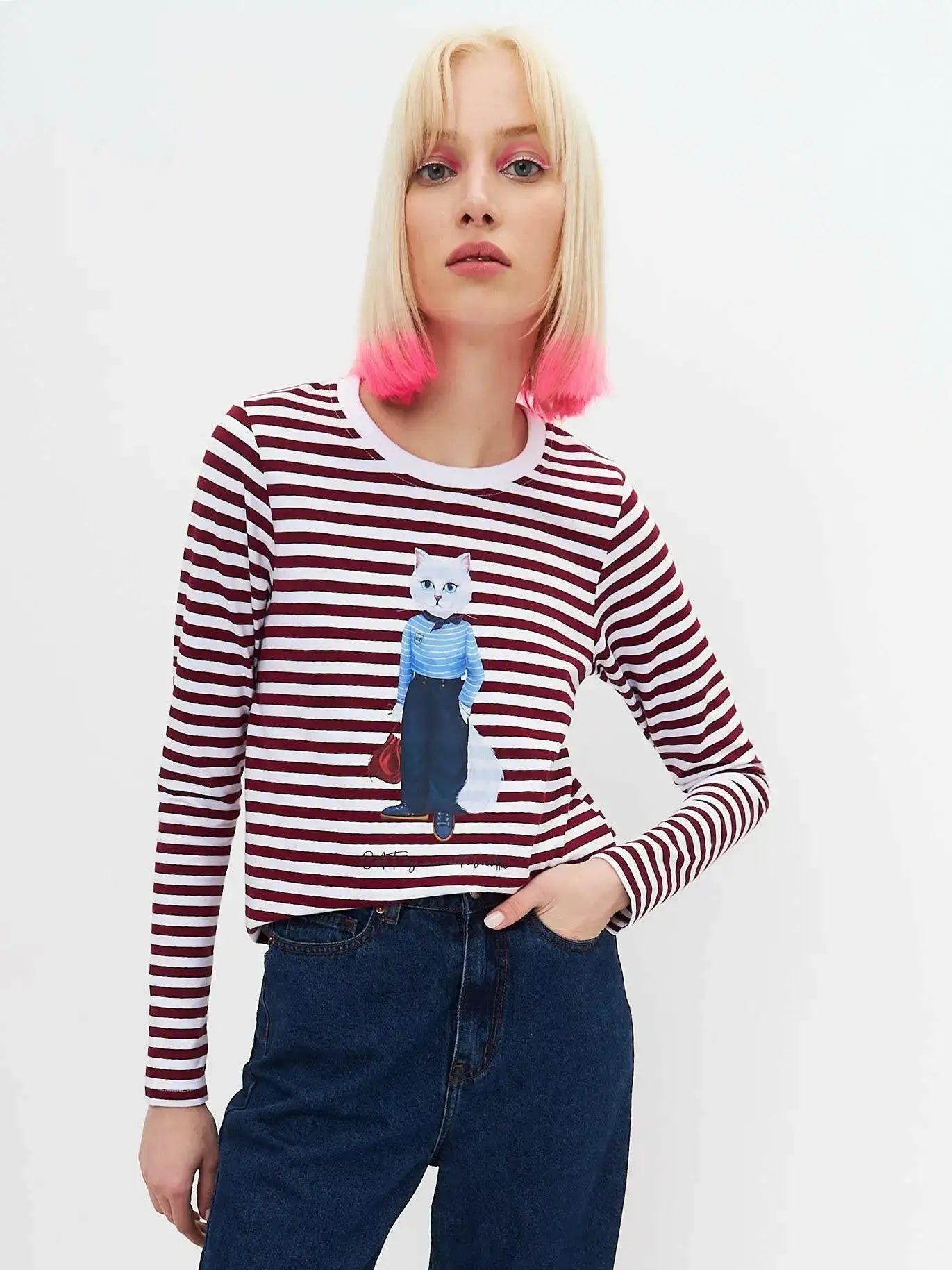 Red longsleeve mariner cat - Funny Cat Shirt & Striped shirt | For Cat Lovers | CAT by maniita