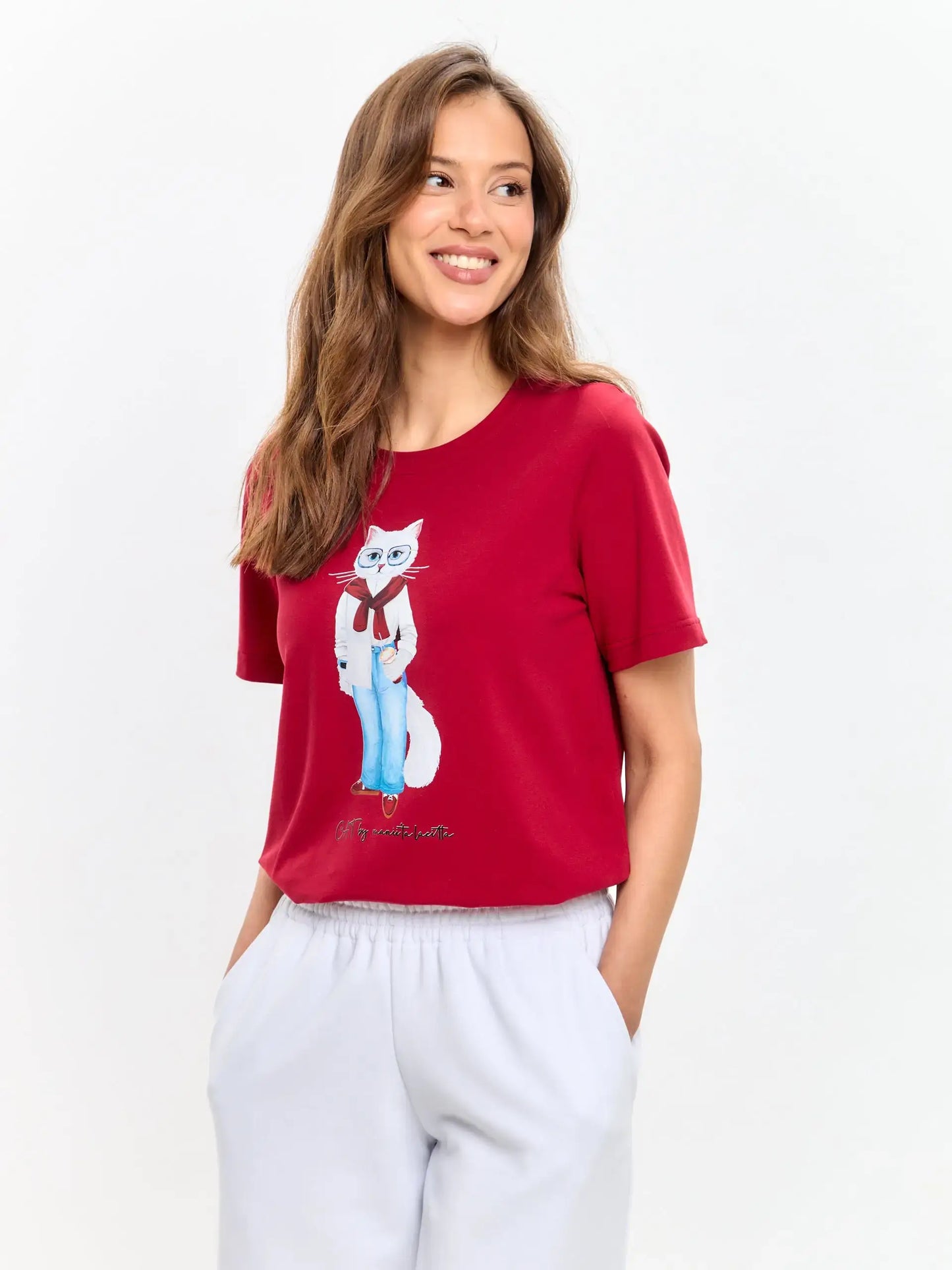 Red Printed T-shirt COFFEE CAT - T-shirt