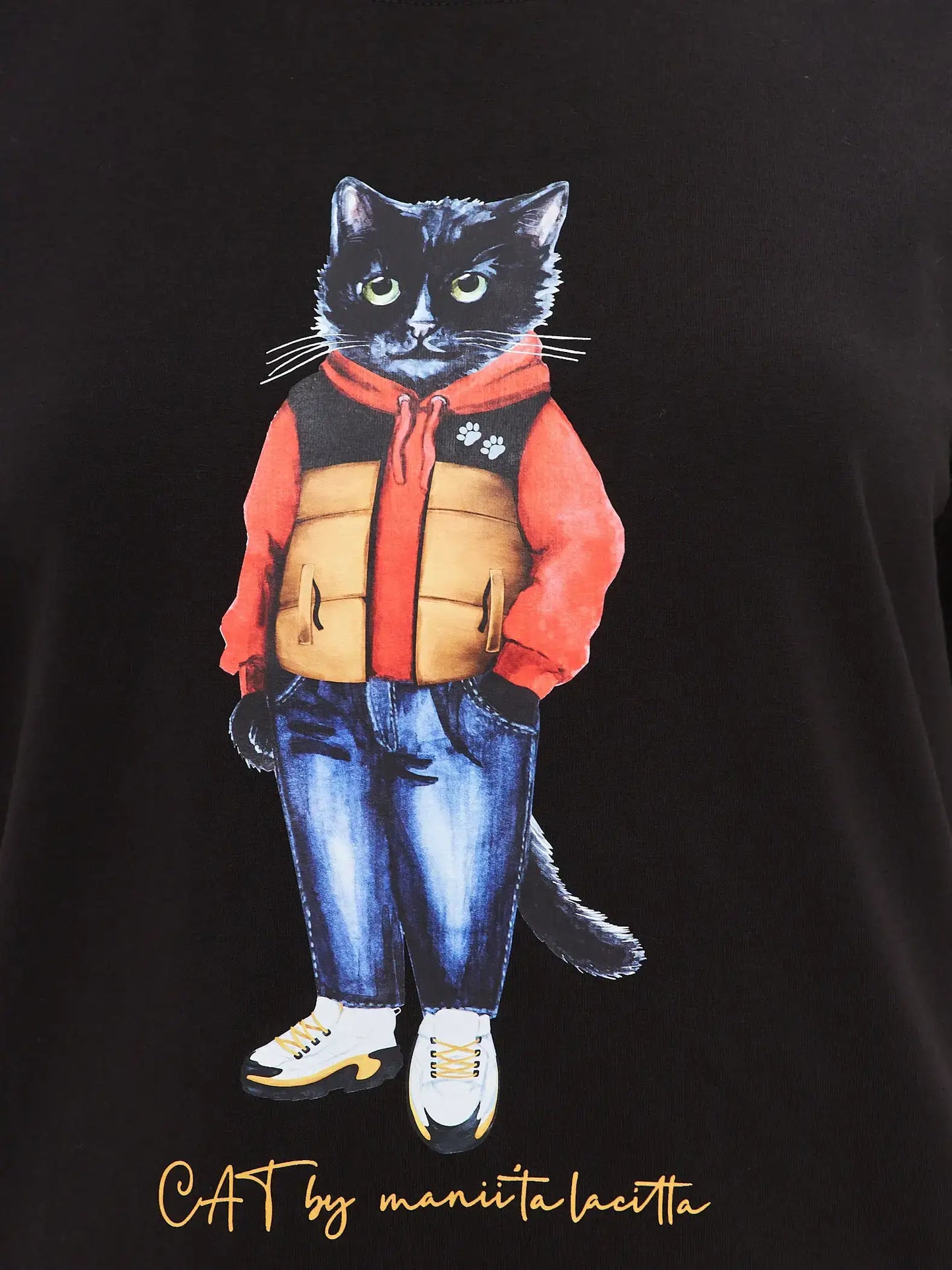 Set: women’s black t-shirt and wide-leg sweatpants with print Sport Casual Cat