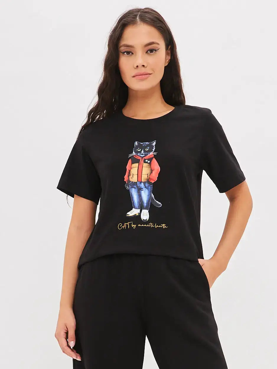 Set: women’s black t-shirt and wide-leg sweatpants with print Sport Casual Cat